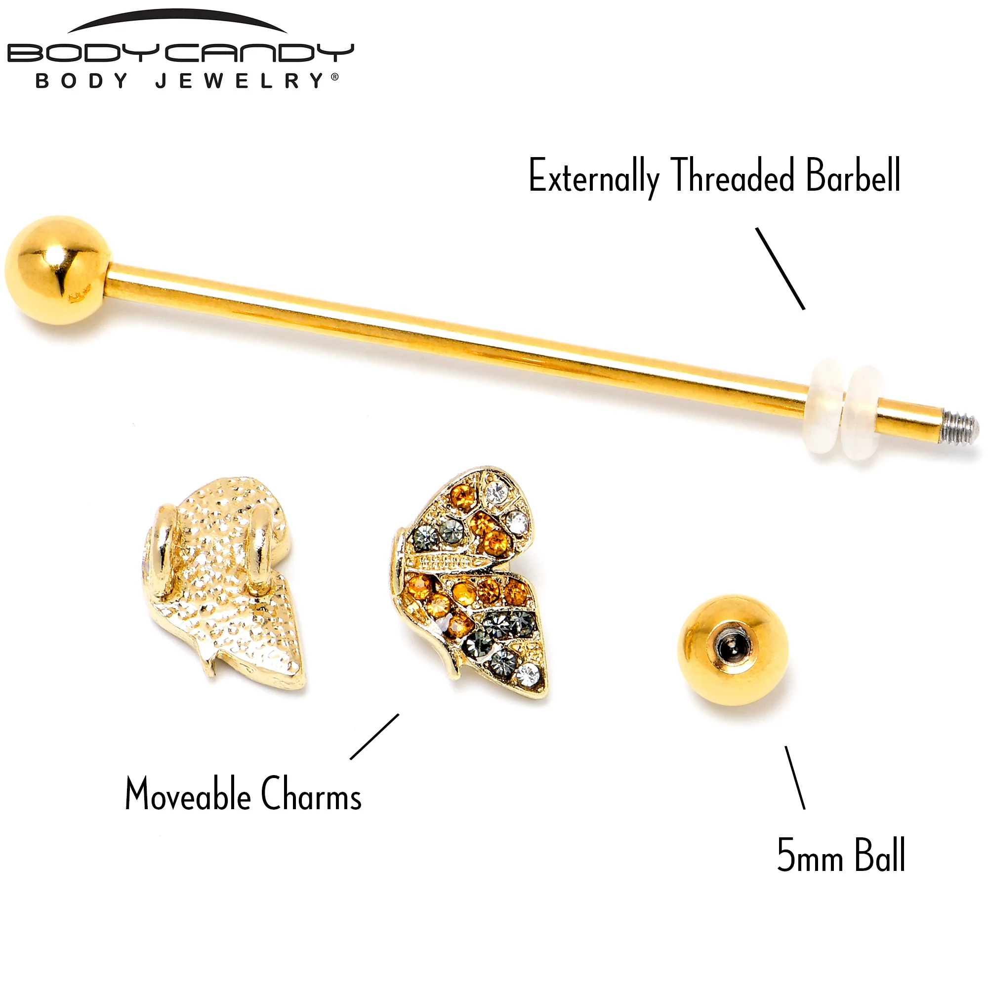 14G Orange Gem Gold Tone Butterfly Wings Industrial Barbell 38mm - Image 5