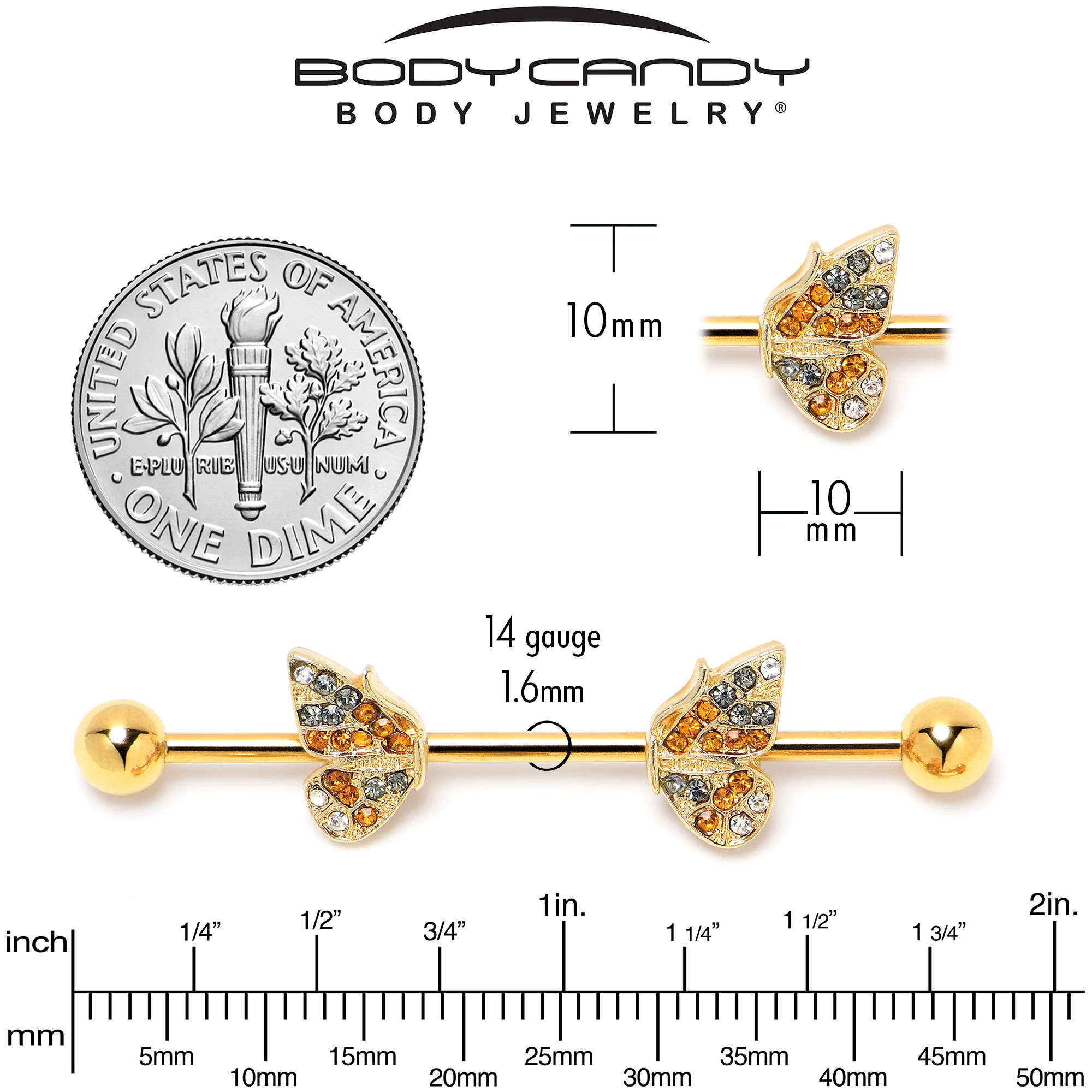 14G Orange Gem Gold Tone Butterfly Wings Industrial Barbell 38mm - Image 6