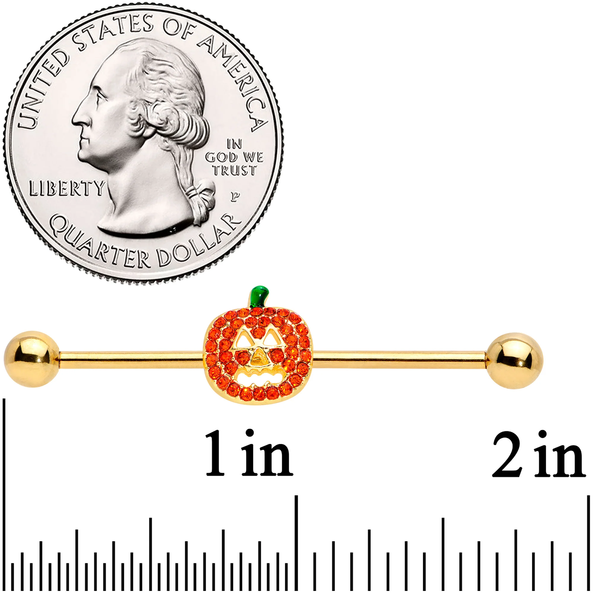 14G Orange Gem Gold Tone Jack O Lantern Industrial Barbell 38mm - Image 2