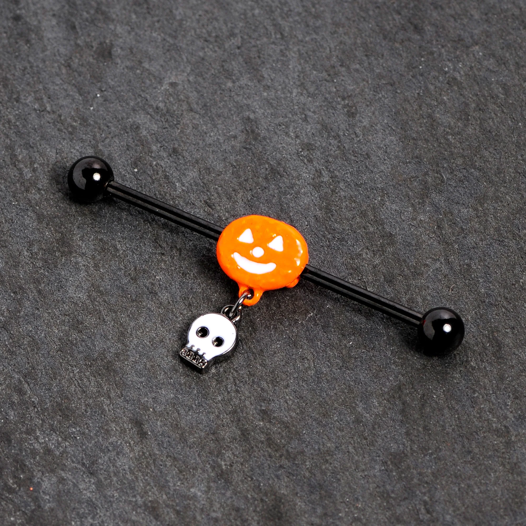 14G Orange Pumpkin Skull Halloween Dangle Industrial Barbell 38mm - Image 2
