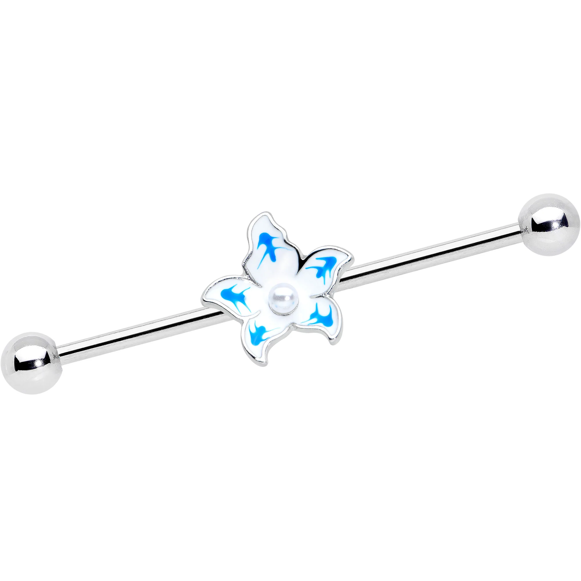 14G Pearly White Orb Blue Flower Industrial Barbell 38mm