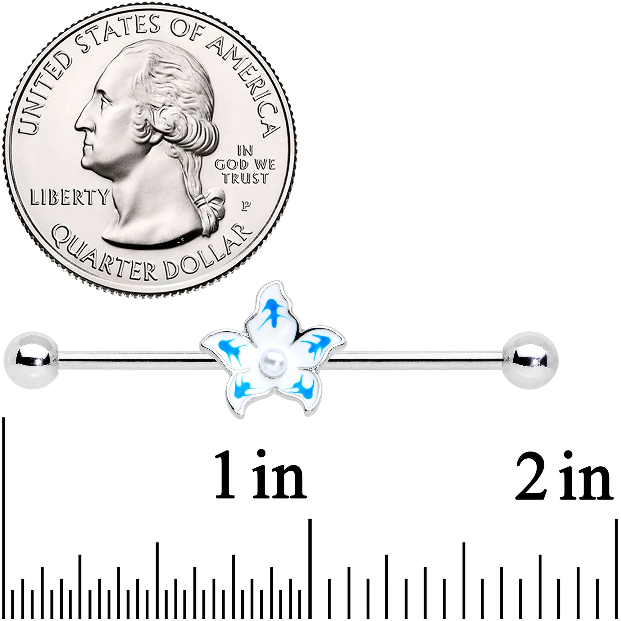 14G Pearly White Orb Blue Flower Industrial Barbell 38mm - Image 2