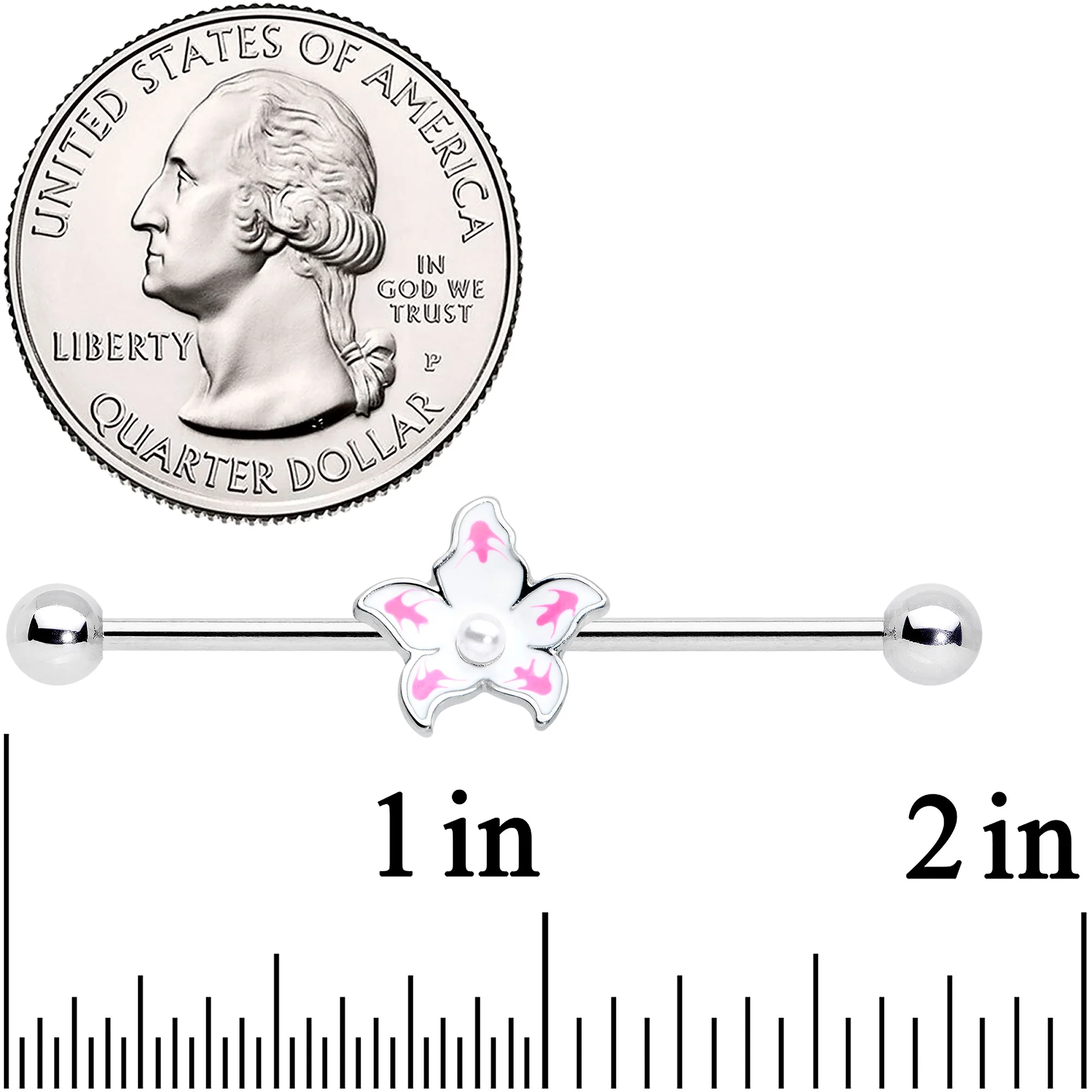 14G Pearly White Orb Pink Flower Industrial Barbell 38mm - Image 2