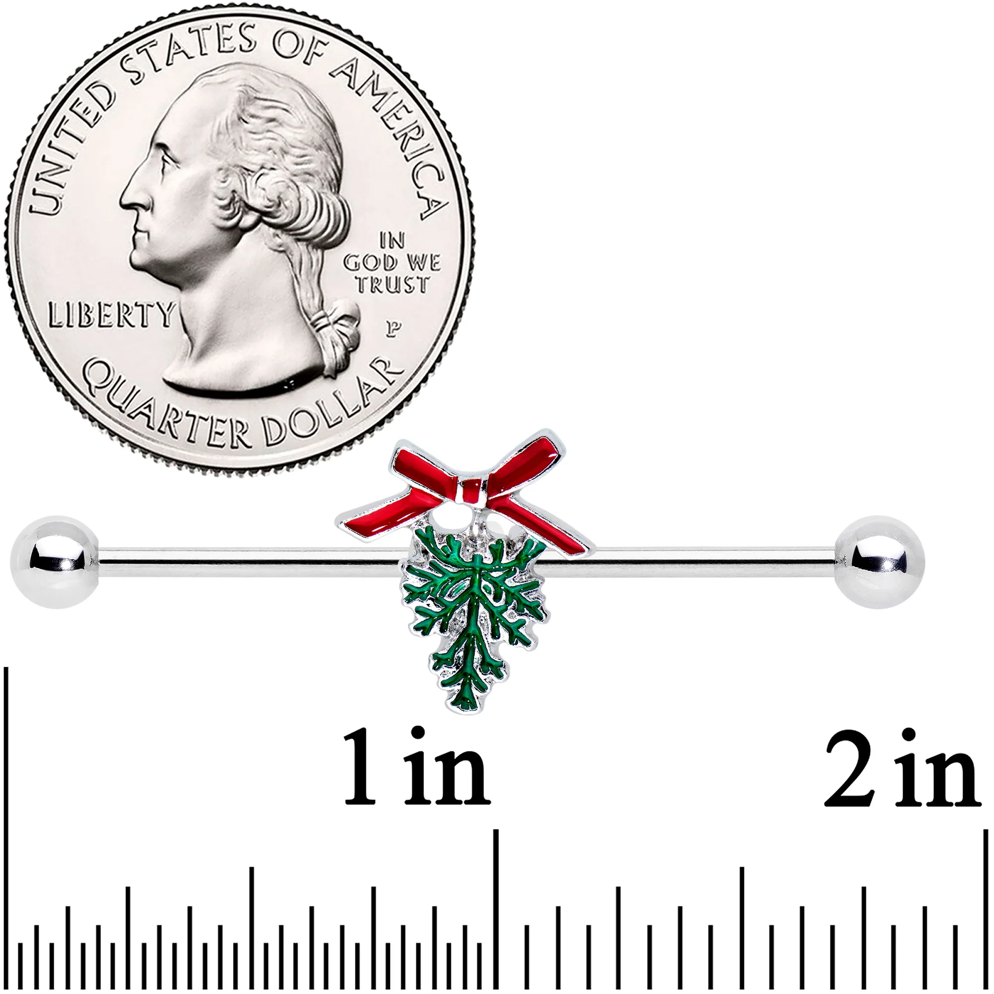 14G Pine Bough Red Bow Christmas Industrial Barbell 38mm - Image 2