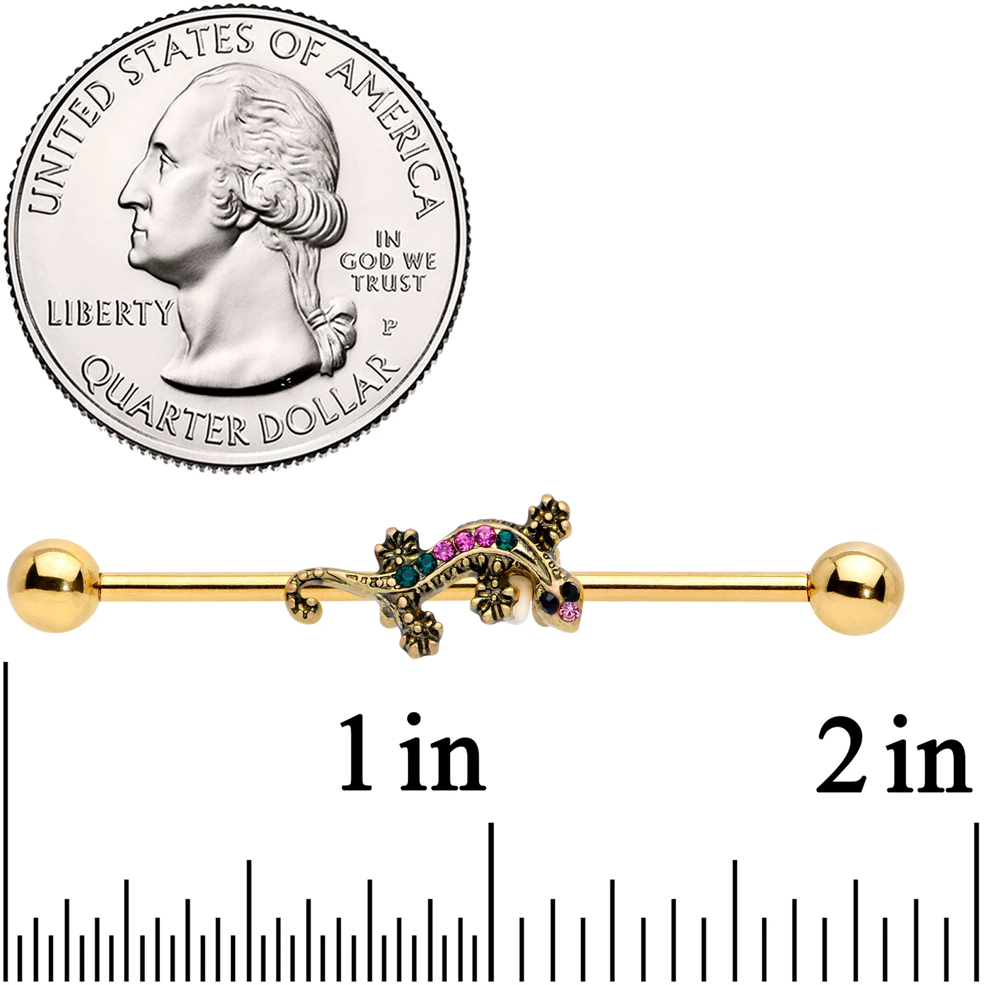 14G Pink Aqua Gem Gold Tone Lizard Industrial Barbell 38mm - Image 2