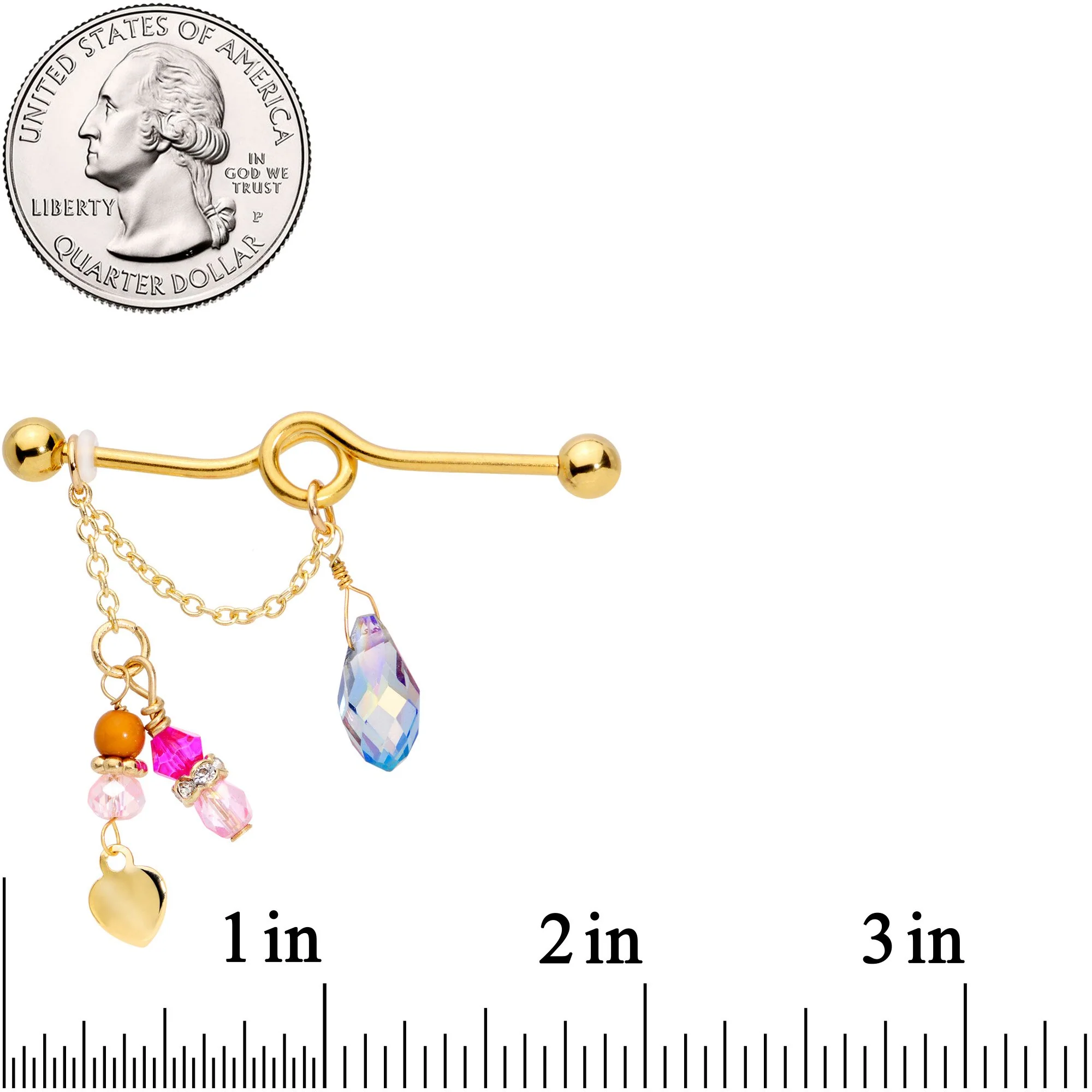 14G Pink Aurora Gem Gold Tone Chain Dangle Industrial Barbell 38mm - Image 2