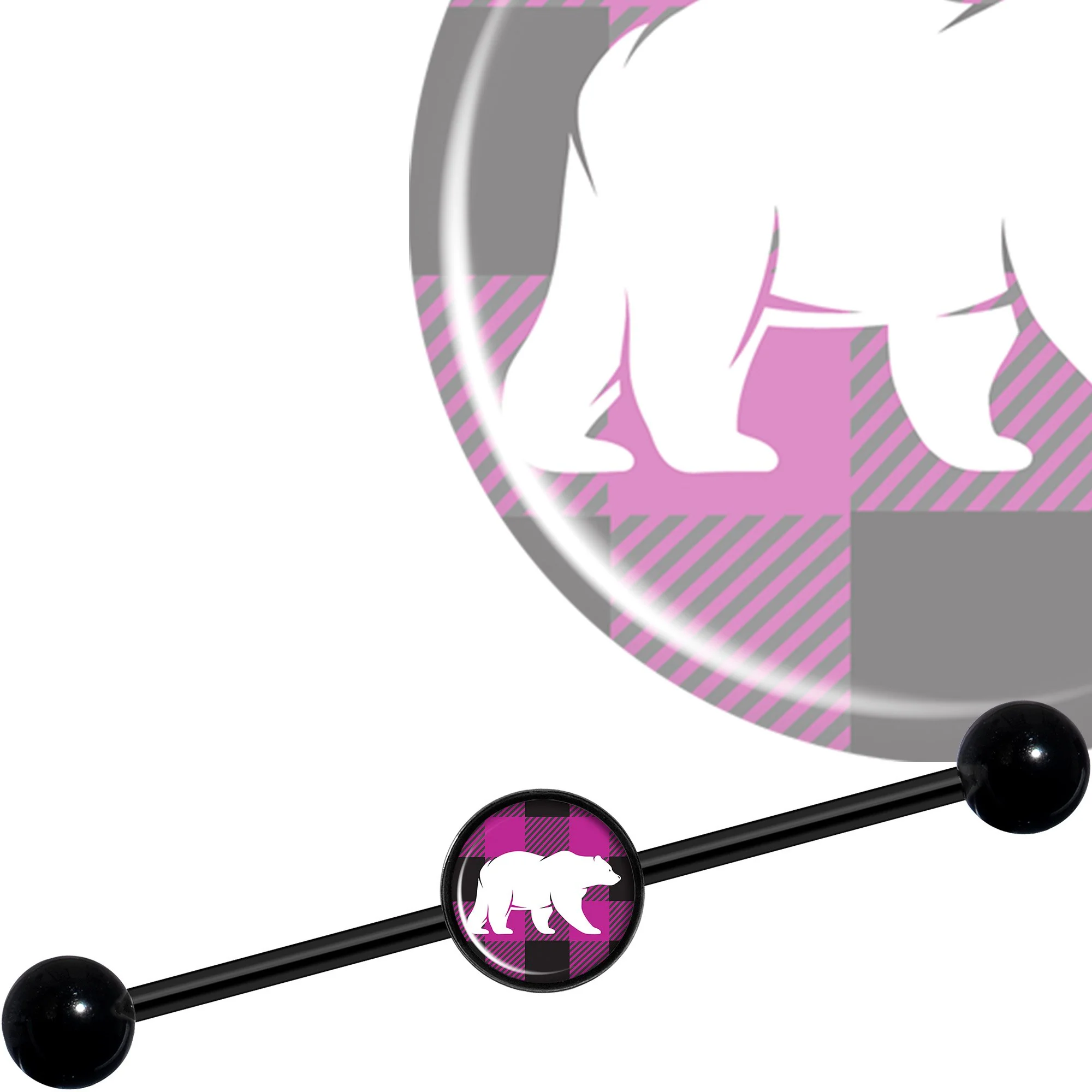 14G Pink Black Plaid Polar Bear Black Industrial Barbell 37mm - Image 3