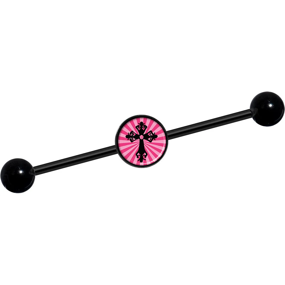 14G Pink Black Radiant Cross Black Industrial Barbell 37mm - Image 2