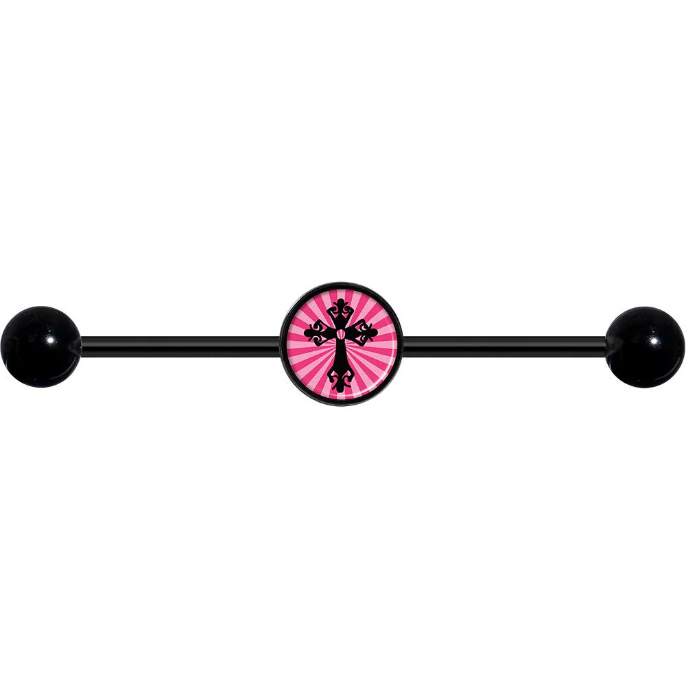 14G Pink Black Radiant Cross Black Industrial Barbell 37mm - Image 4