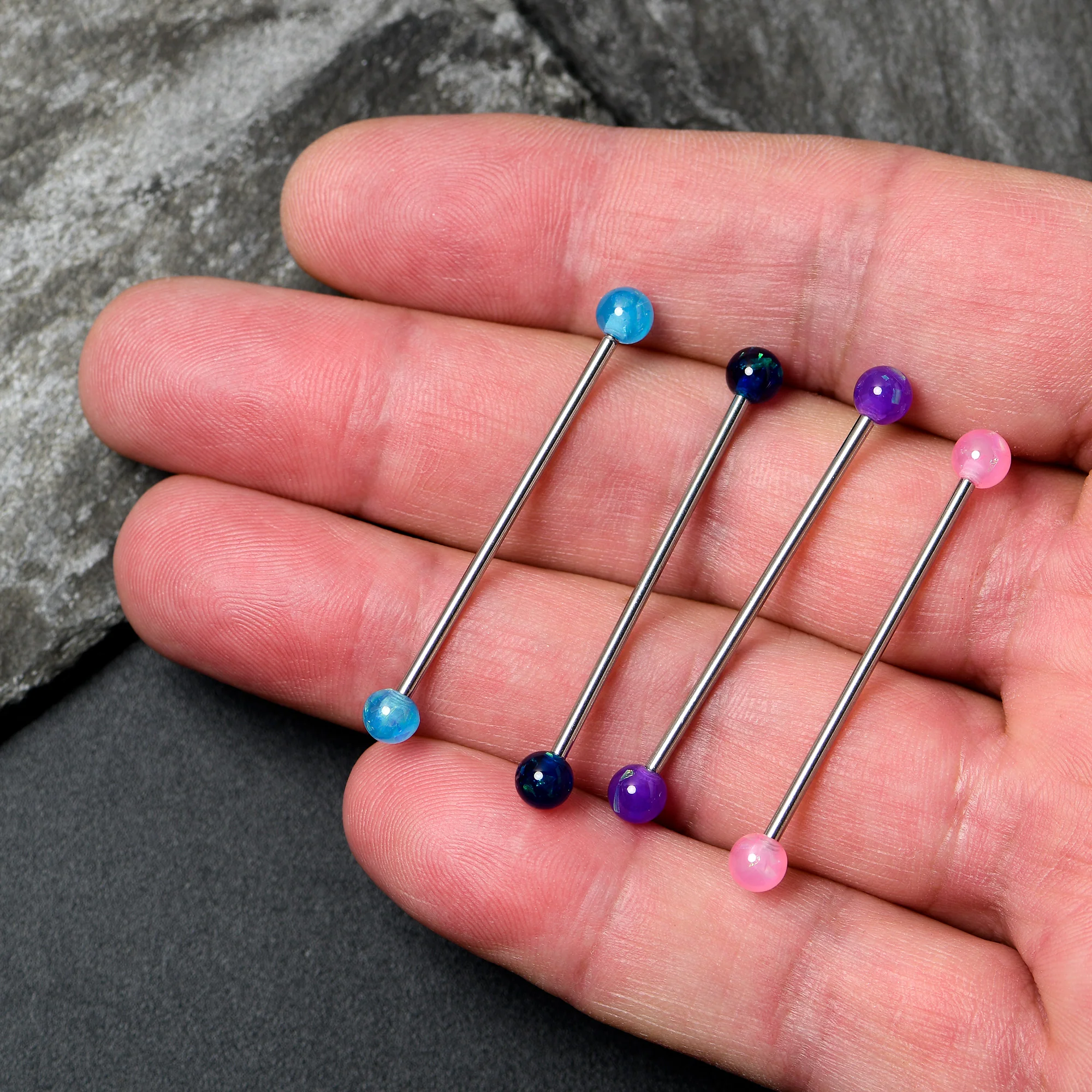 14G Pink Blue Purple Faux Opal Pack Industrial Barbell Set of 4 - Image 4