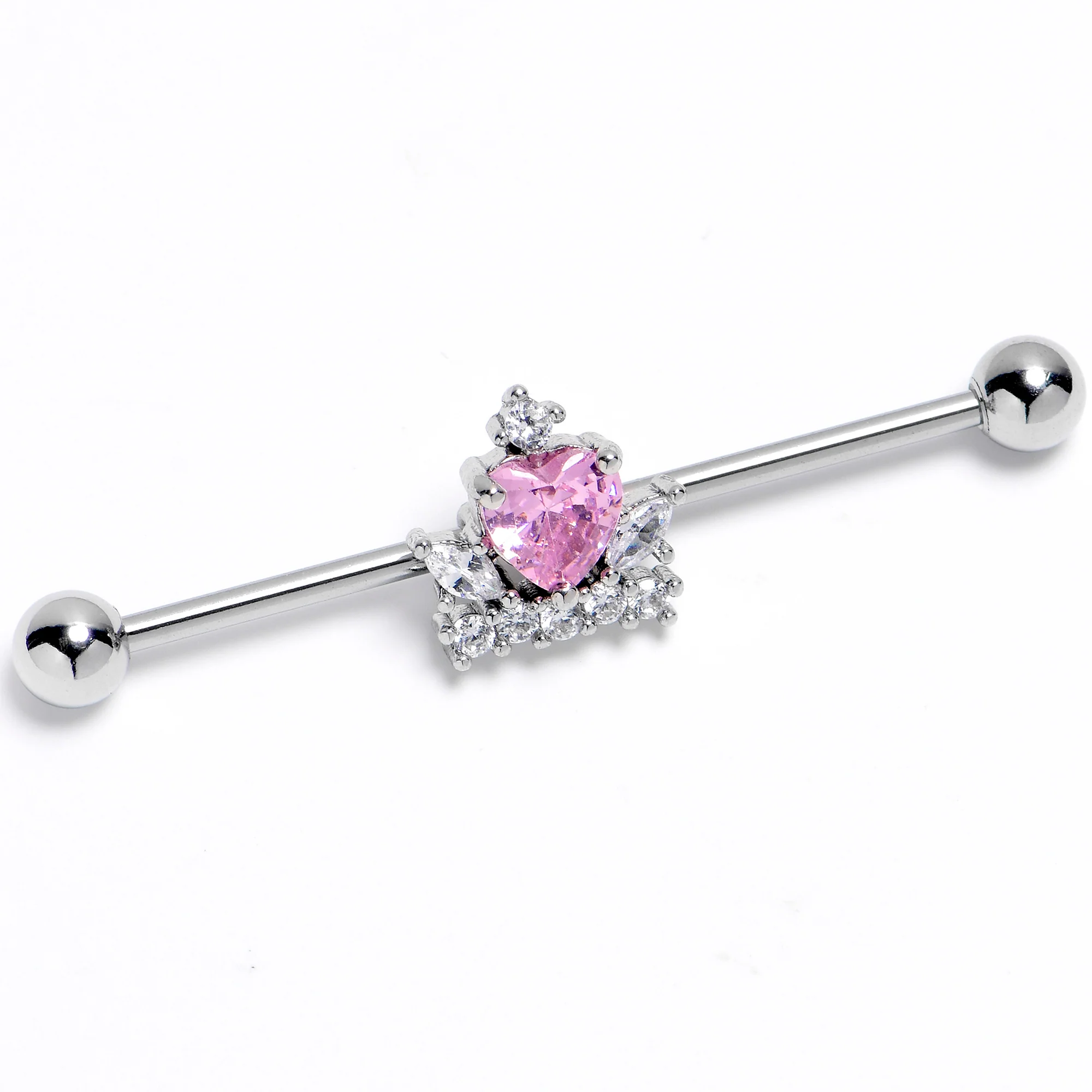 14G Pink Clear CZ Gem Heart Crown Industrial Barbell 38mm