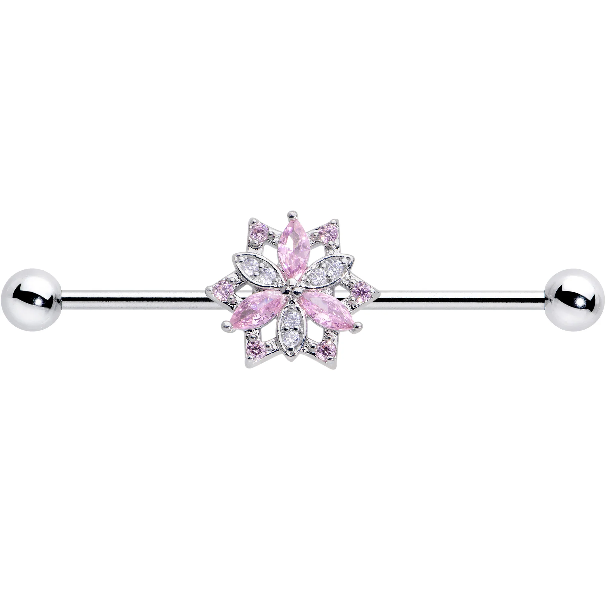 14G Pink Clear CZ Gem Snowflake Style Industrial Barbell 38mm - Image 2