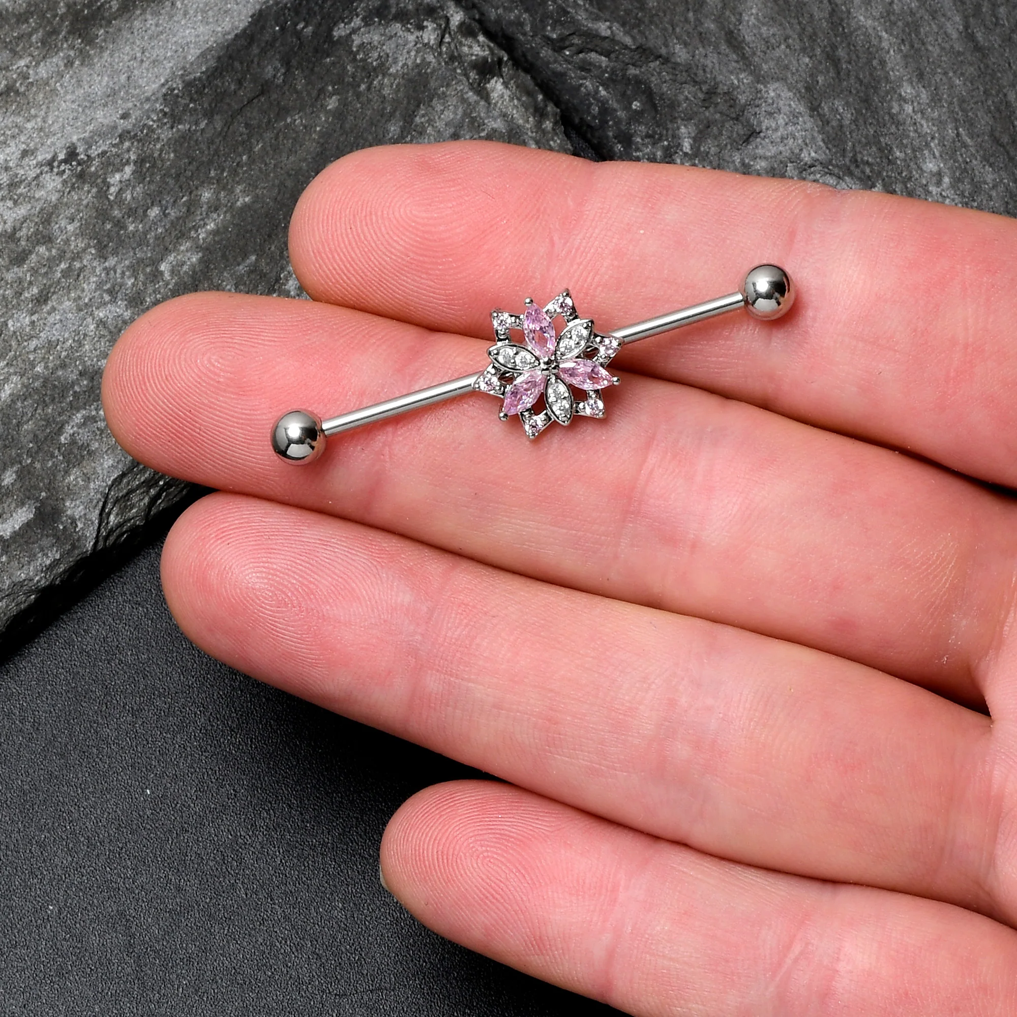 14G Pink Clear CZ Gem Snowflake Style Industrial Barbell 38mm - Image 3
