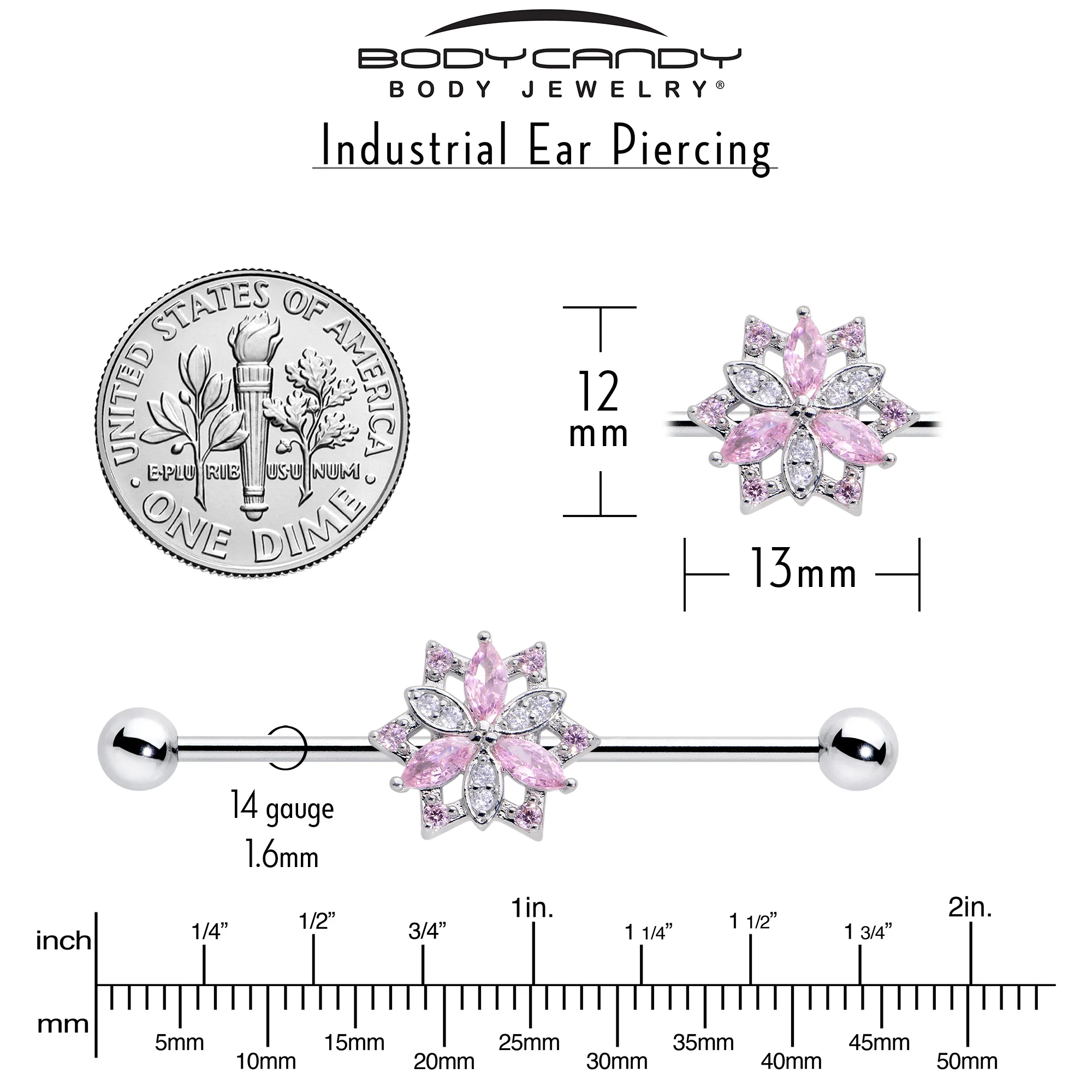 14G Pink Clear CZ Gem Snowflake Style Industrial Barbell 38mm - Image 4