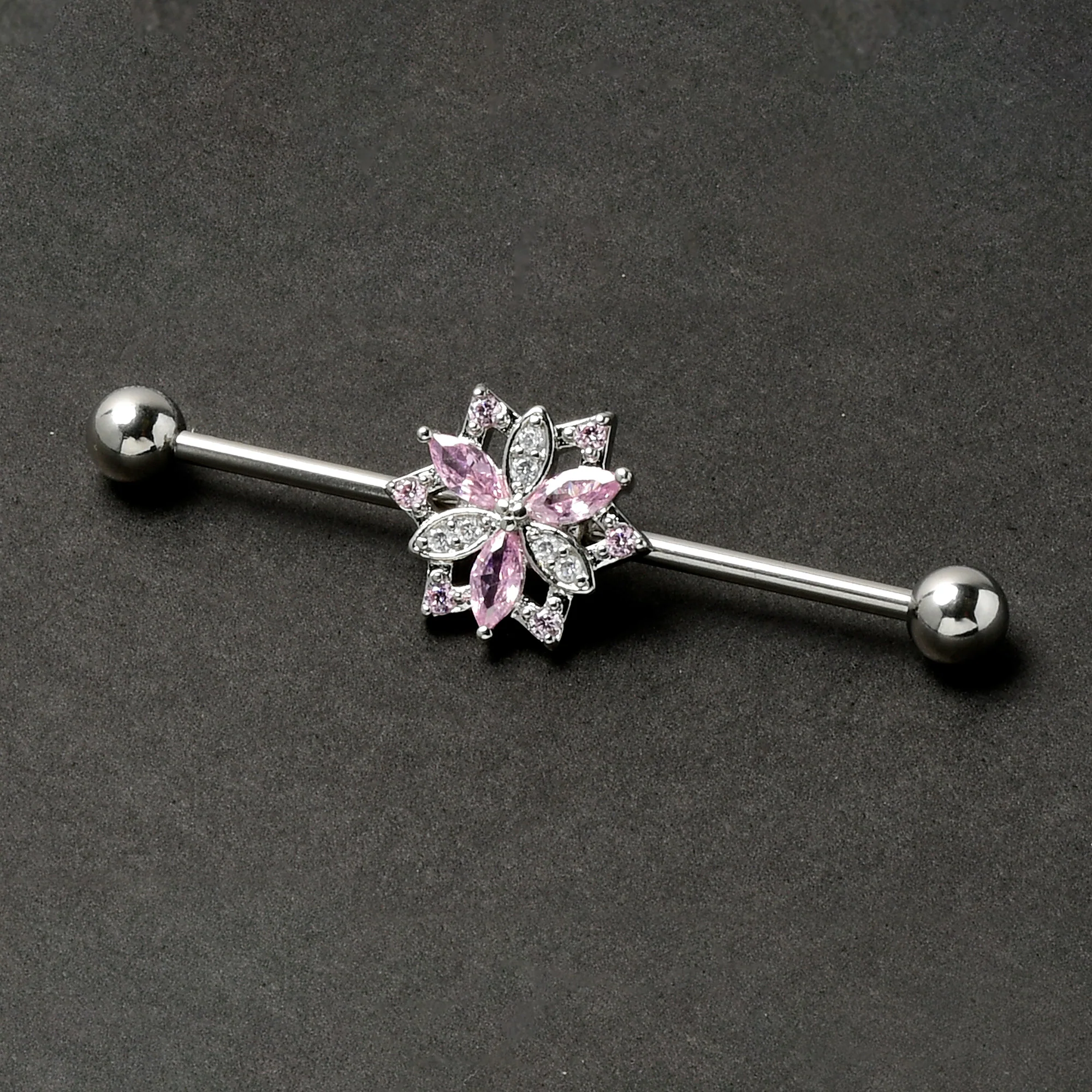 14G Pink Clear CZ Gem Snowflake Style Industrial Barbell 38mm - Image 5
