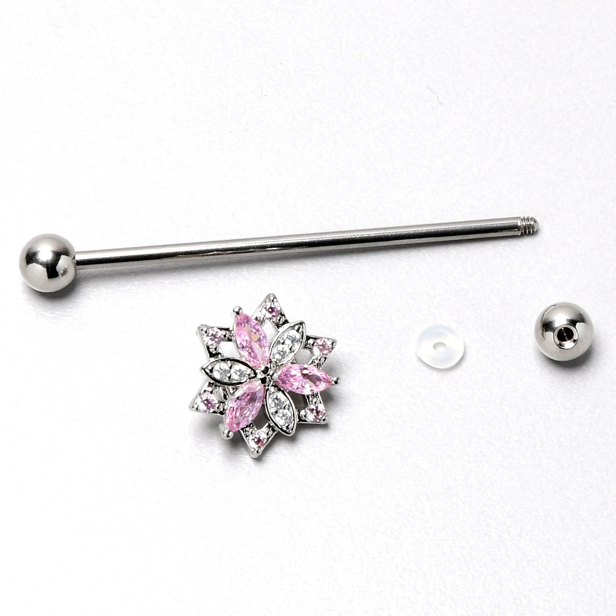 14G Pink Clear CZ Gem Snowflake Style Industrial Barbell 38mm - Image 7