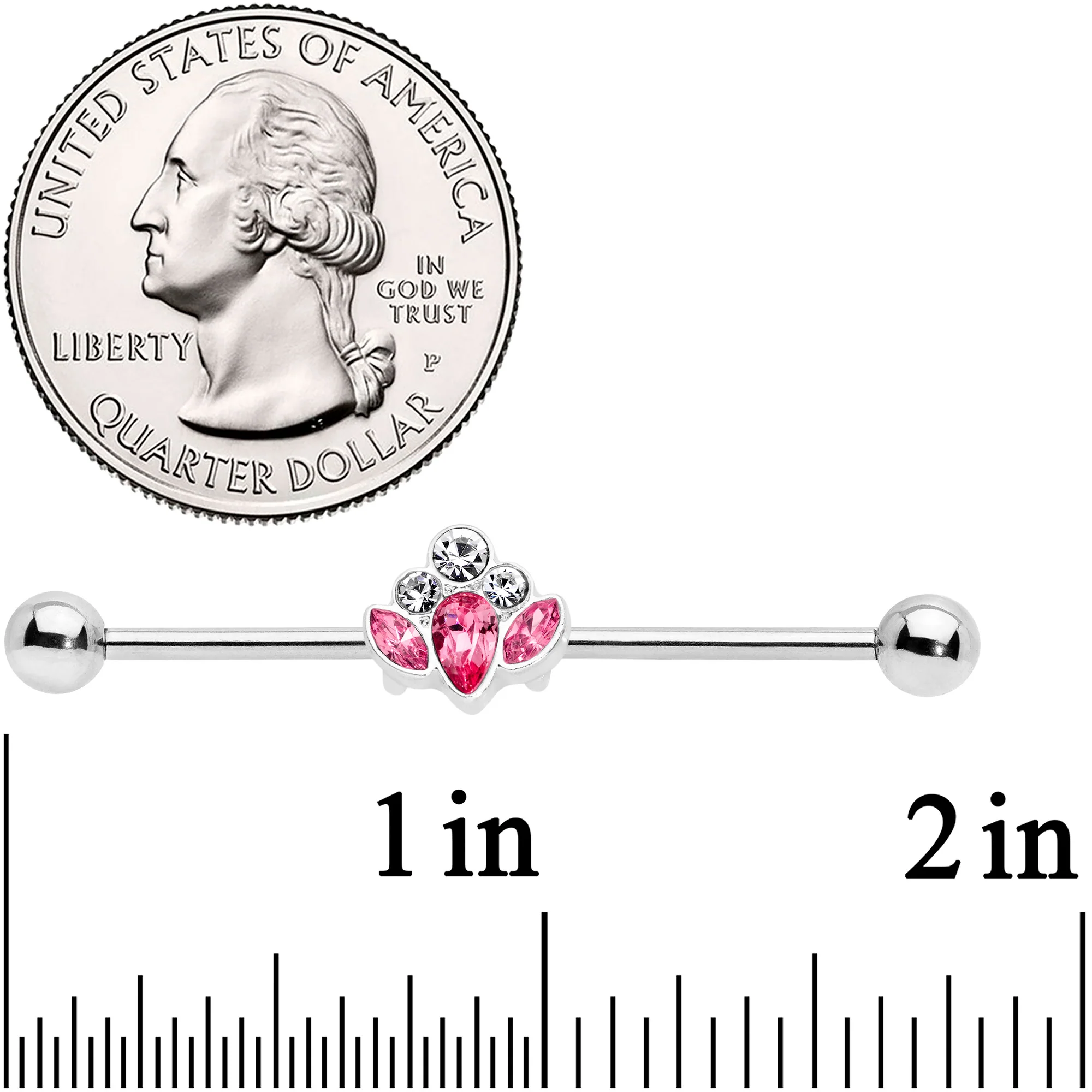 14G Pink Clear Gem Classic Cluster Industrial Barbell 38mm - Image 5