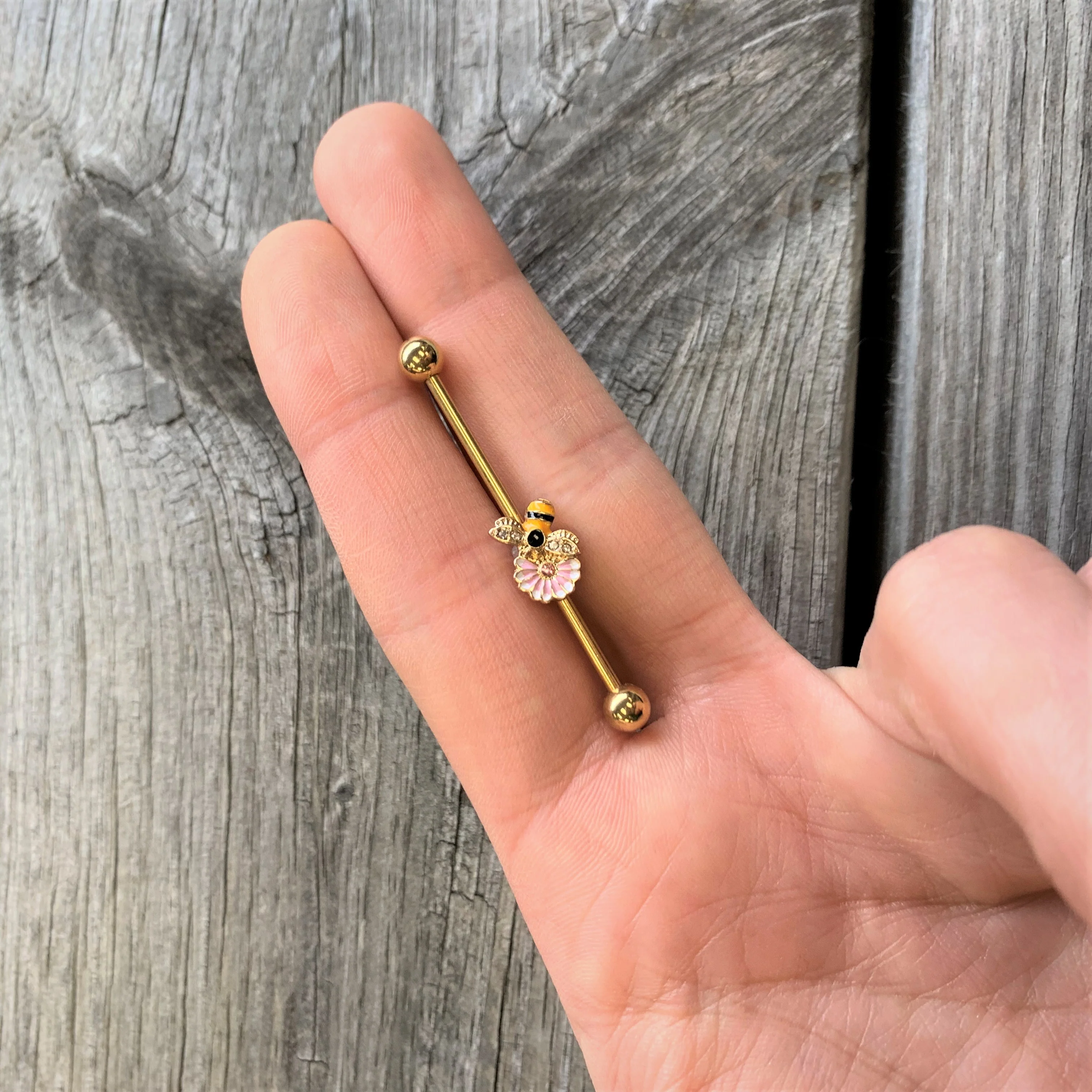14G Pink Clear Gem Gold Tone Bee Blossom Industrial Barbell 38mm - Image 2