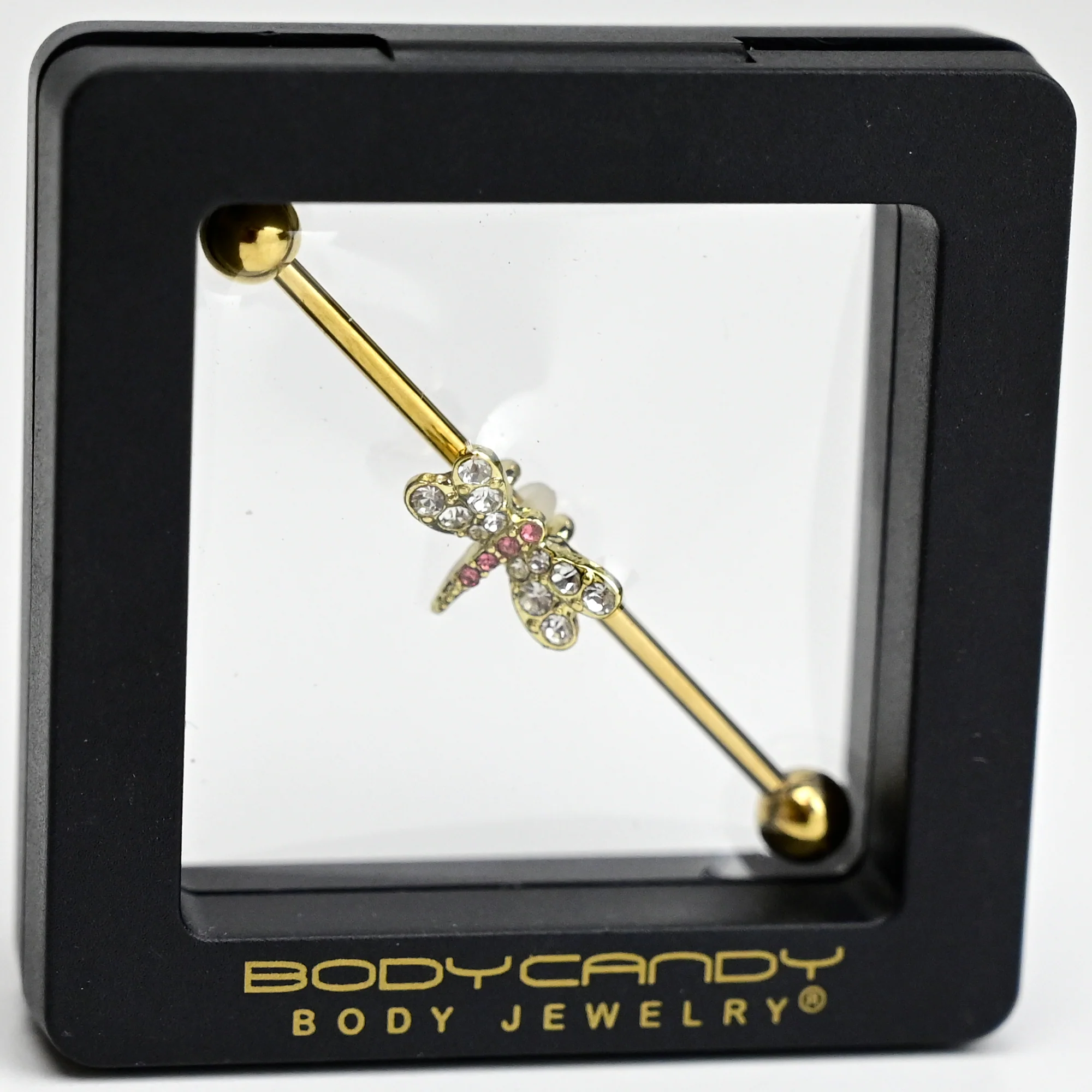 14G Pink Clear Gem Gold Tone Dragonfly Industrial Barbell 38mm