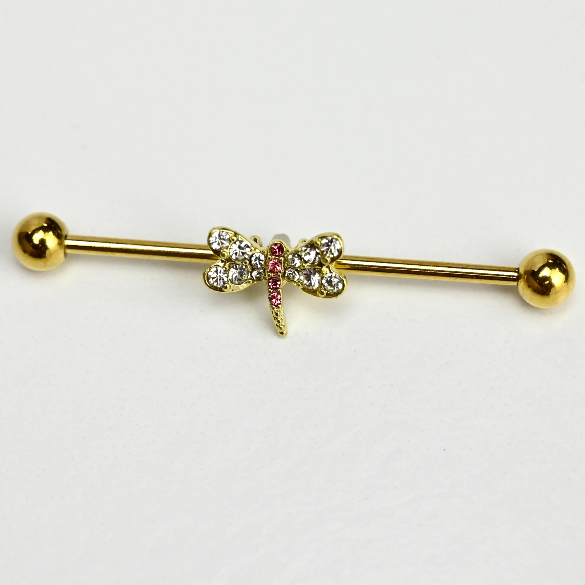 14G Pink Clear Gem Gold Tone Dragonfly Industrial Barbell 38mm - Image 2