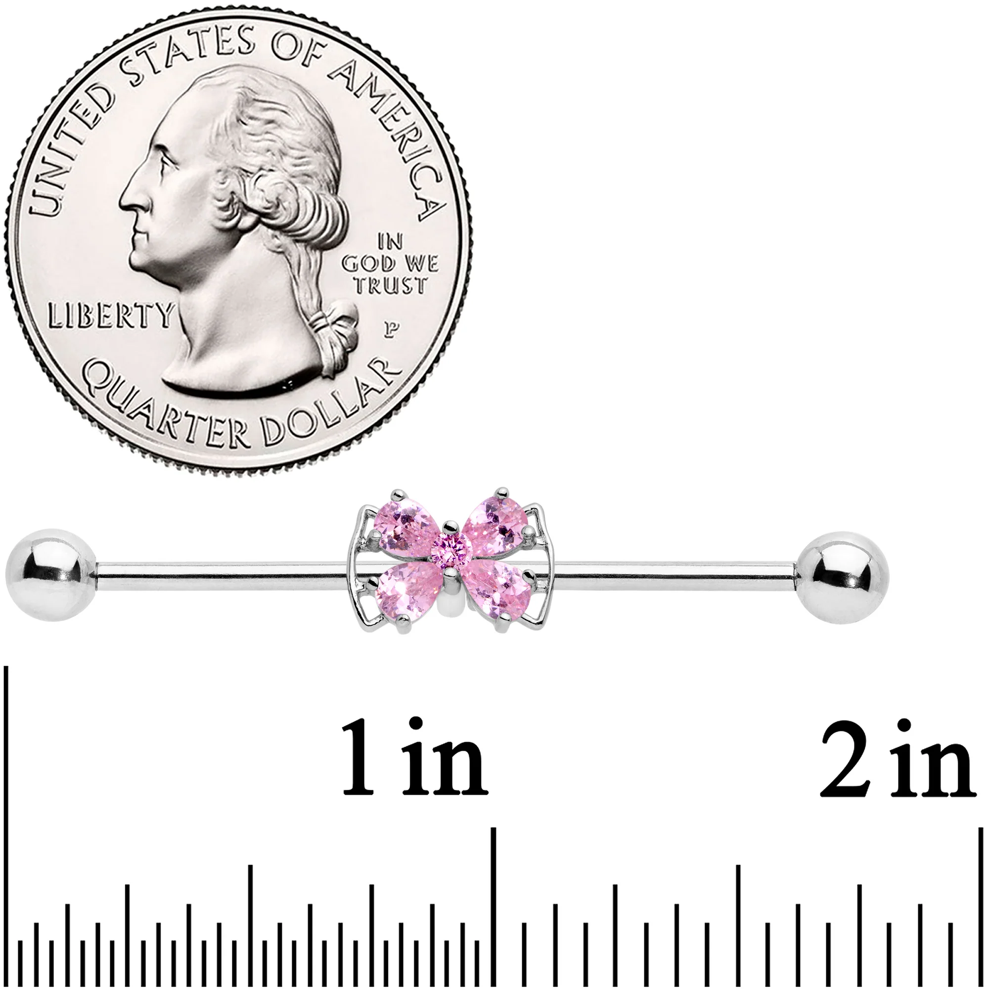 14G Pink CZ Gem Beauty Bow Industrial Barbell 38mm - Image 2
