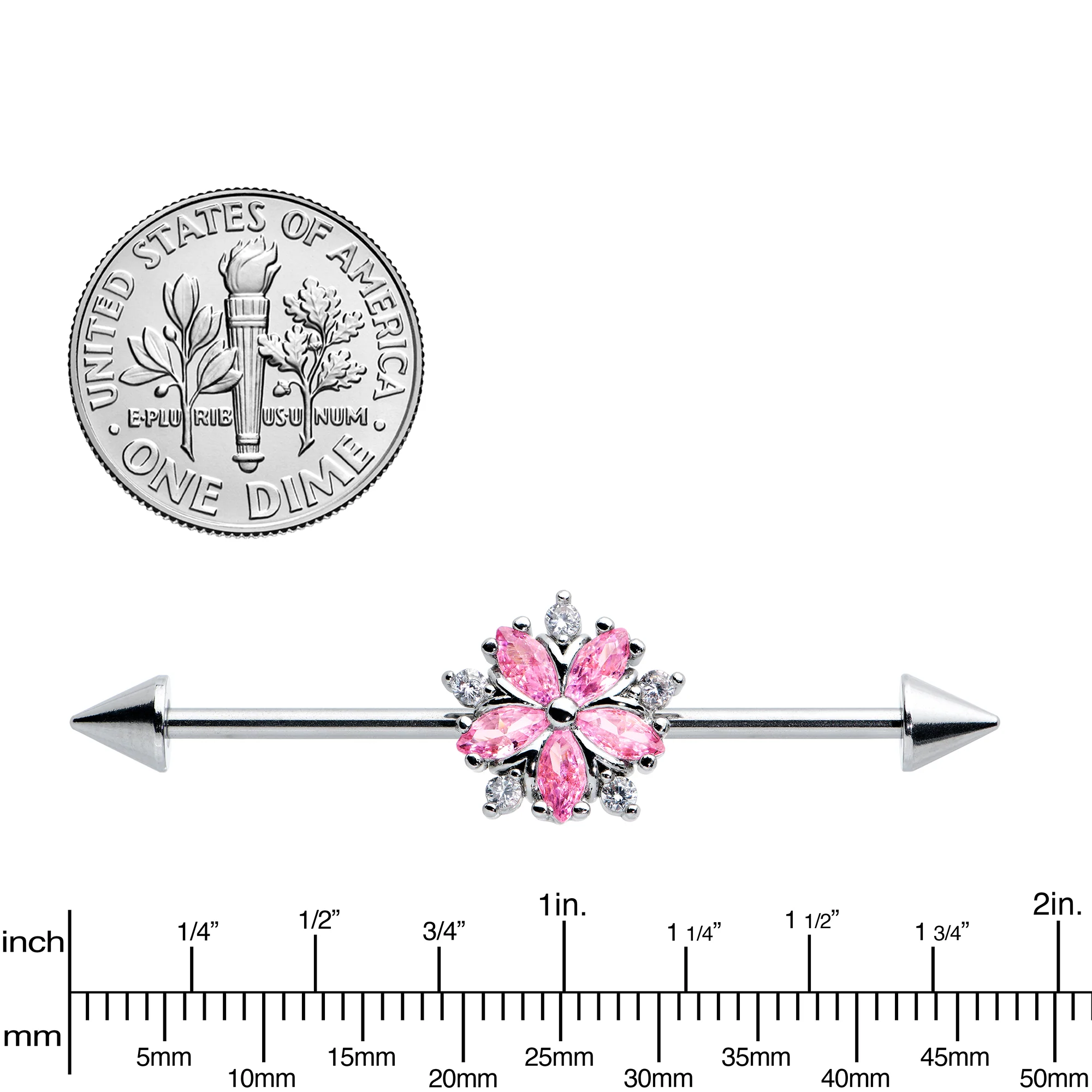 14G Pink CZ Gem Floral Baroque Burst Cone Industrial Barbell 38mm - Image 3