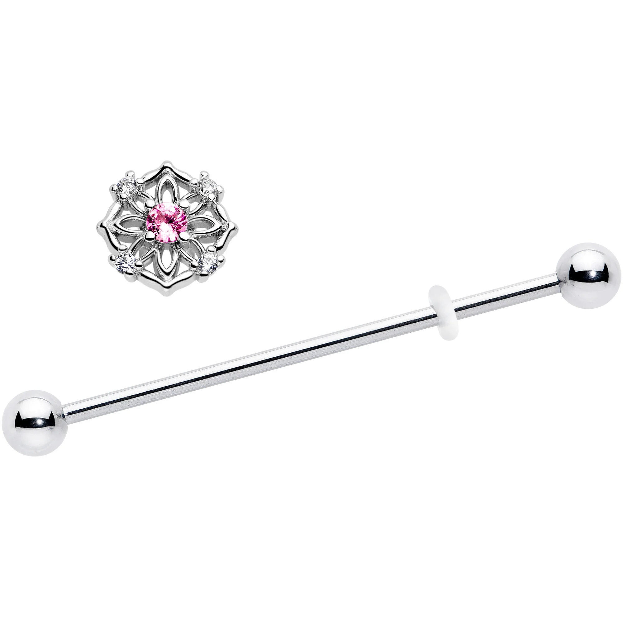 14G Pink CZ Gem Flower Circle Industrial Barbell 38mm - Image 2