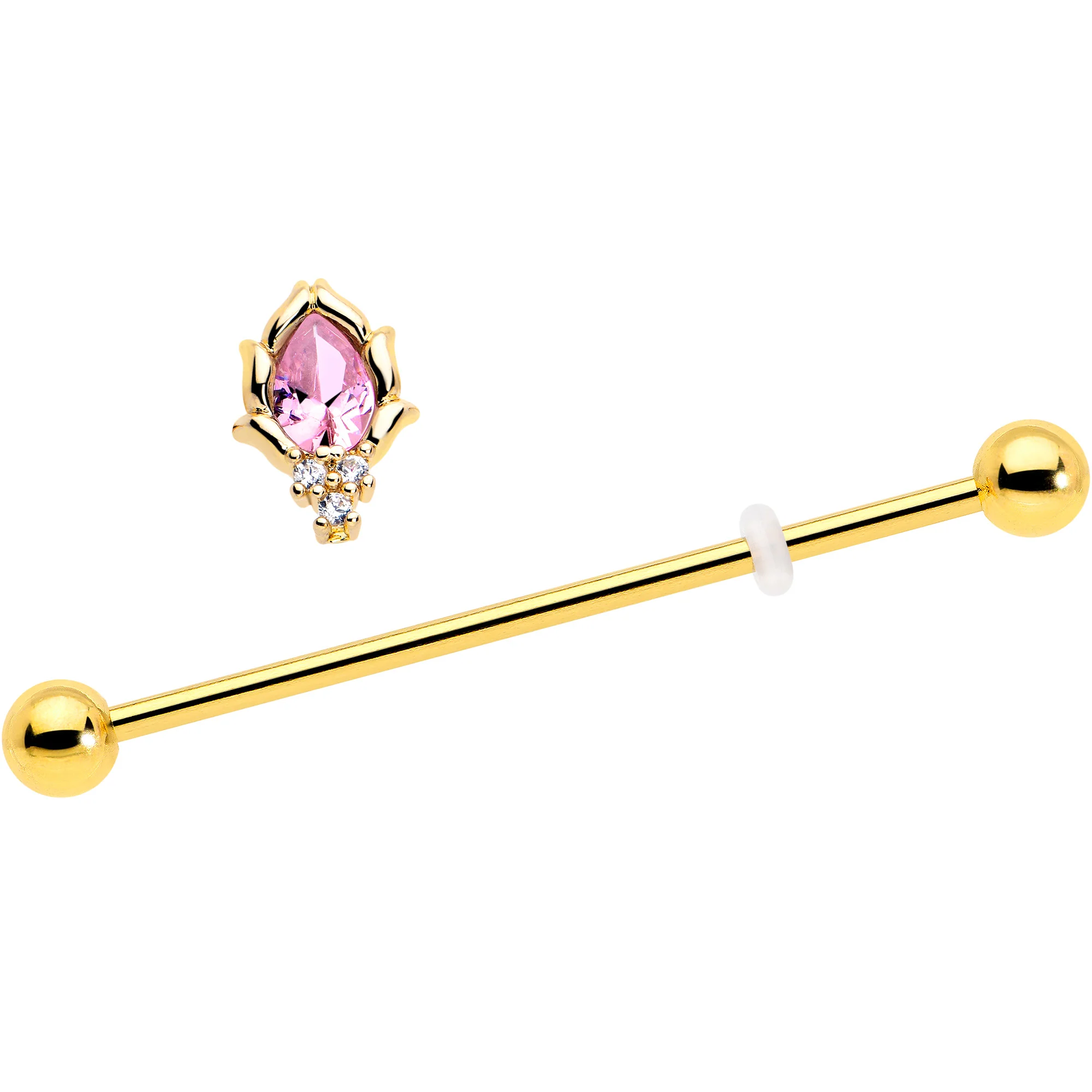14G Pink CZ Gem Gold Tone Style Fire Industrial Barbell 38mm - Image 2