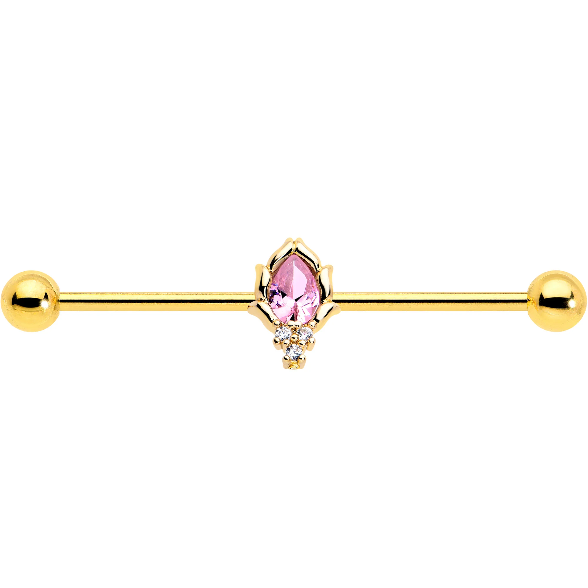 14G Pink CZ Gem Gold Tone Style Fire Industrial Barbell 38mm - Image 3