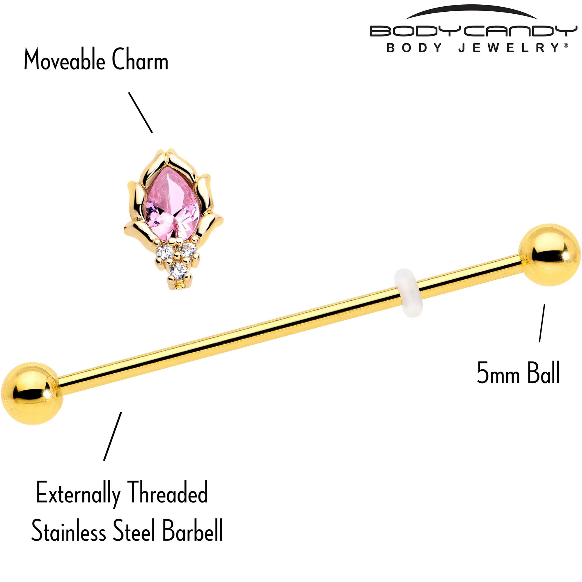 14G Pink CZ Gem Gold Tone Style Fire Industrial Barbell 38mm - Image 4