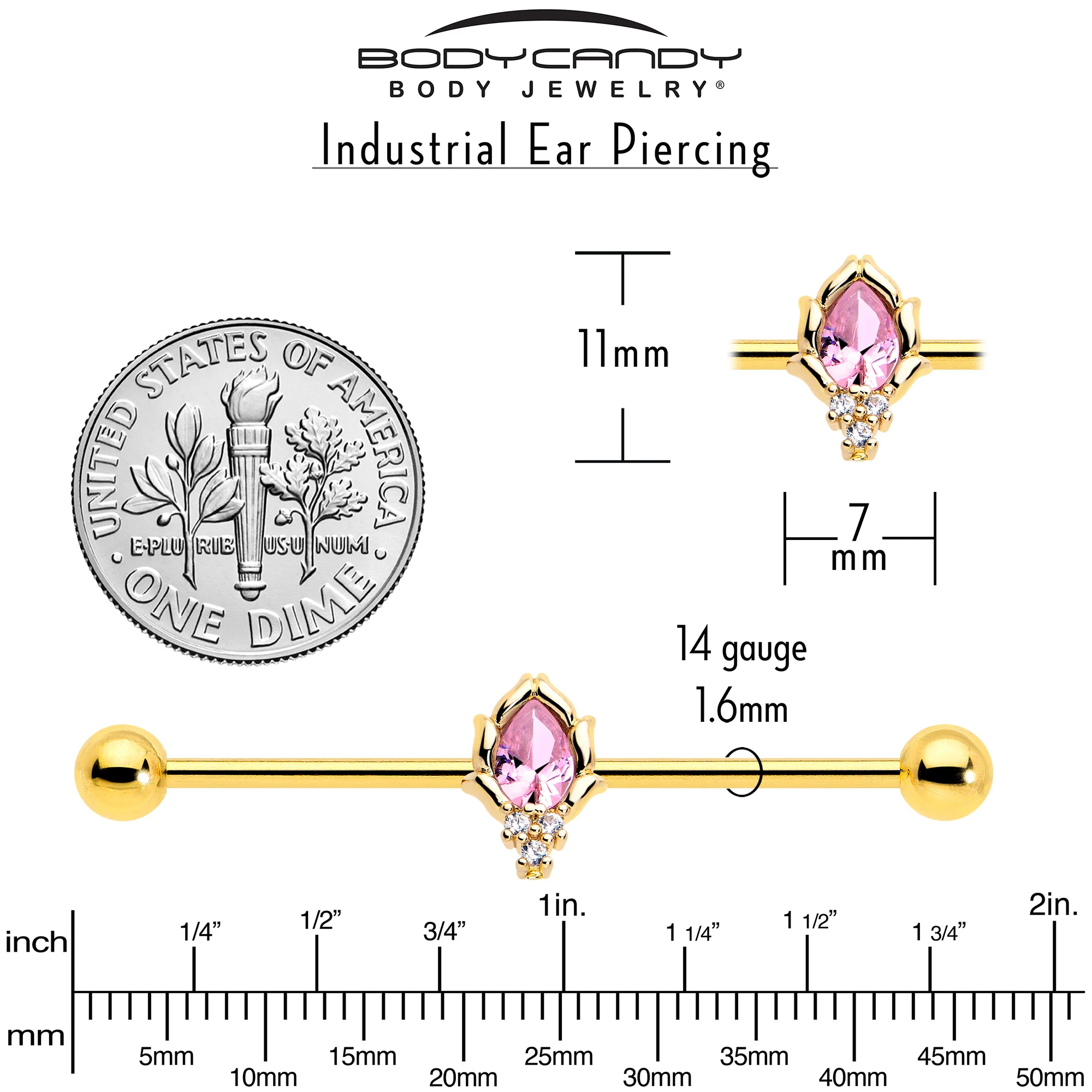 14G Pink CZ Gem Gold Tone Style Fire Industrial Barbell 38mm - Image 5