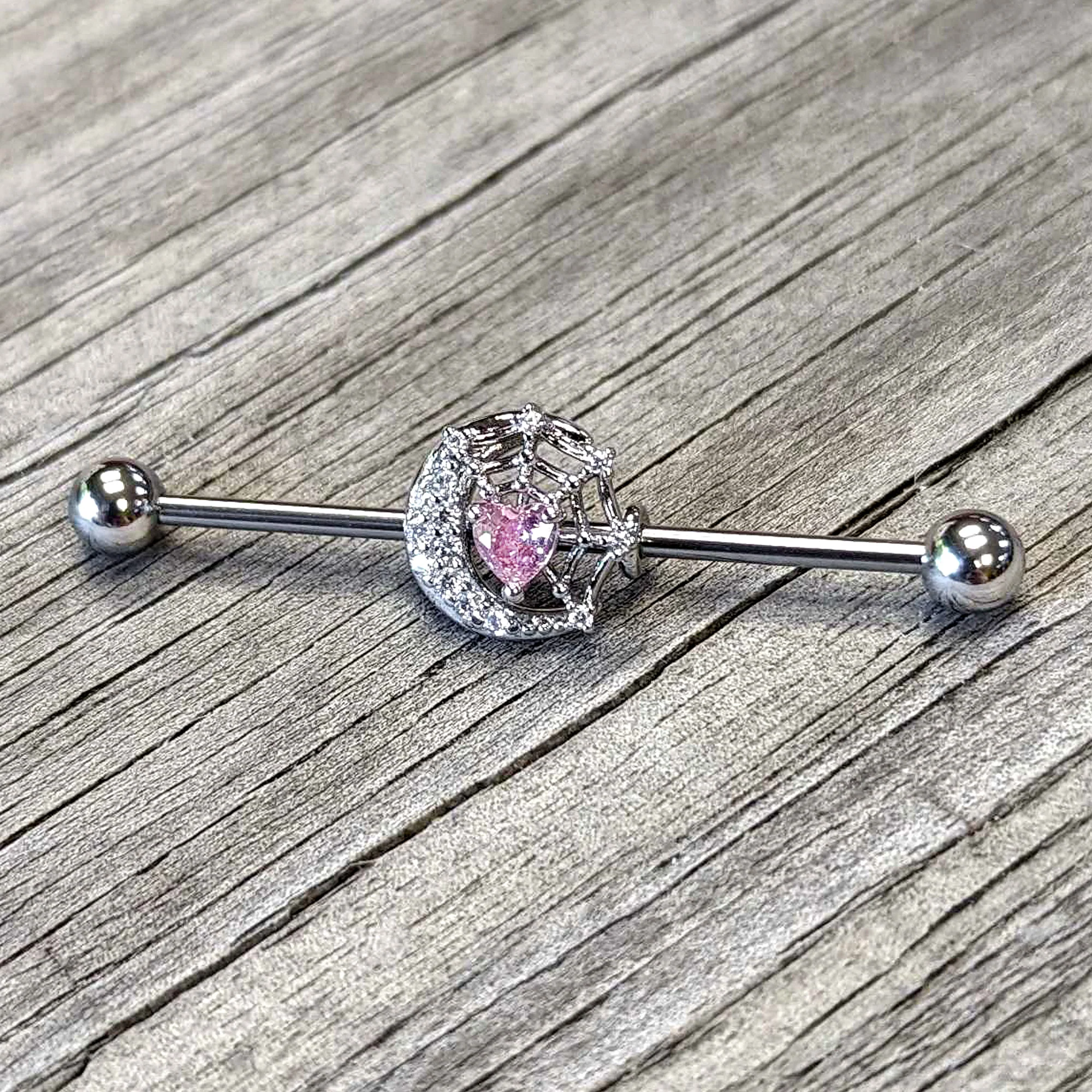 14G Pink CZ Gem Heart Web Moon Industrial Barbell 38mm - Image 4
