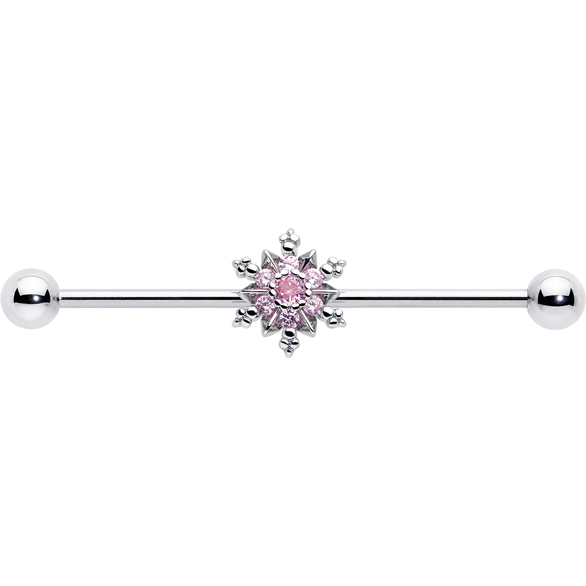 14G Pink CZ Gem Snowflake Glam Industrial Barbell 38mm - Image 2