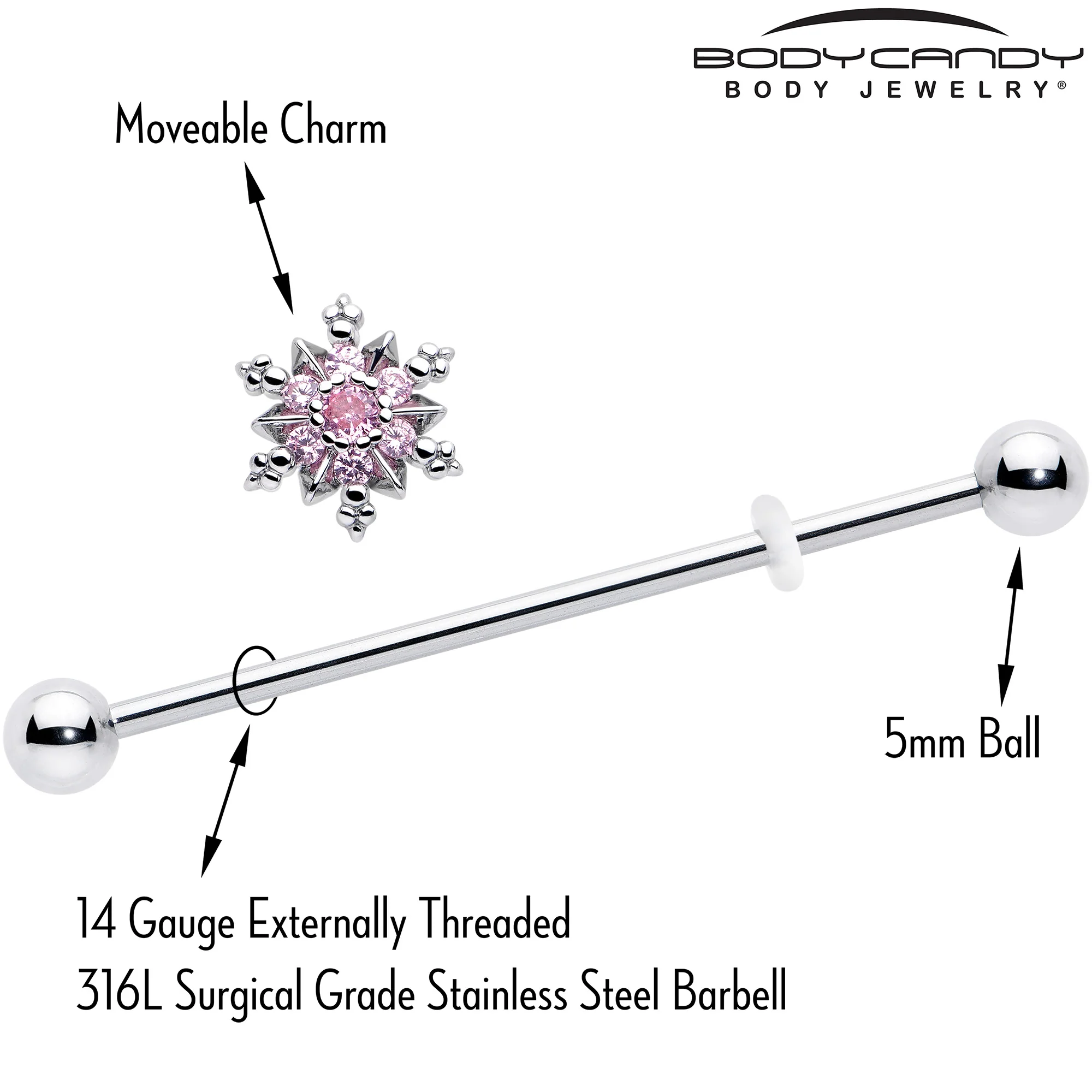 14G Pink CZ Gem Snowflake Glam Industrial Barbell 38mm - Image 3