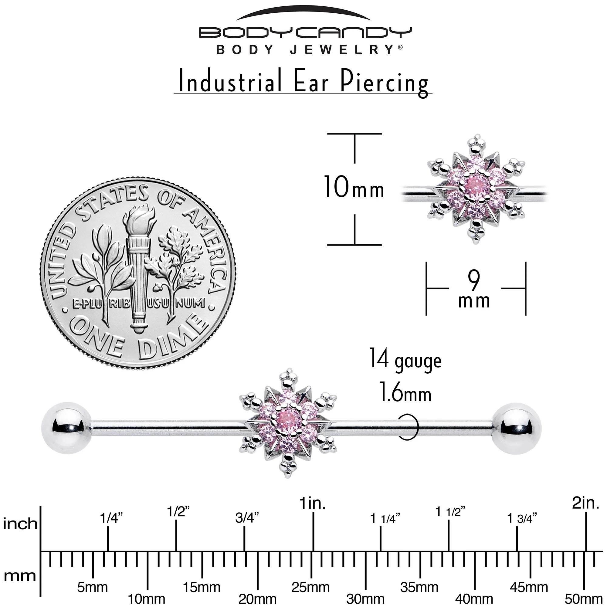 14G Pink CZ Gem Snowflake Glam Industrial Barbell 38mm - Image 4