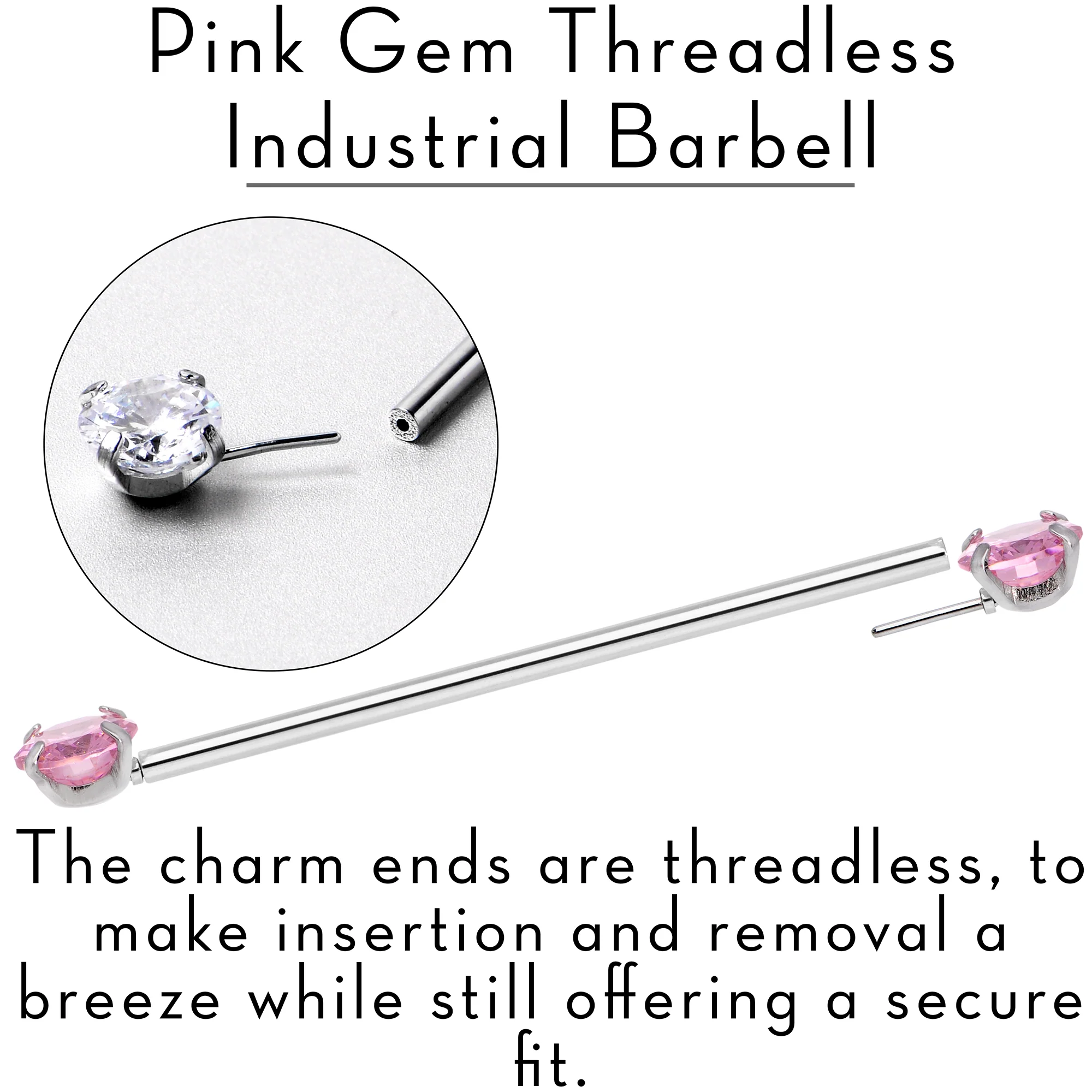 14G Pink CZ Gem Threadless Industrial Barbell 38mm - Image 4