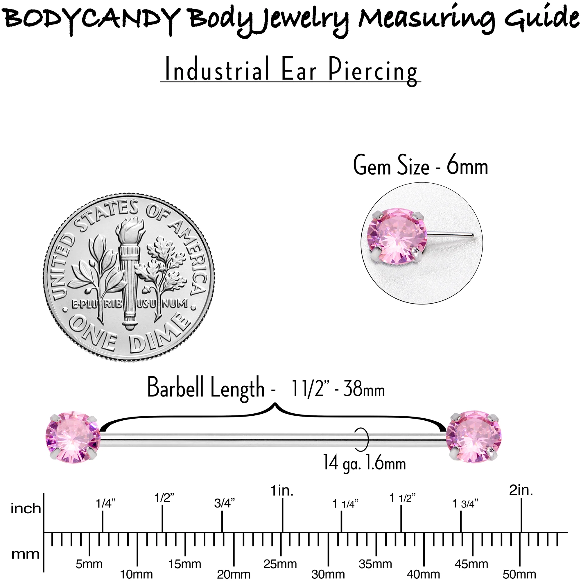 14G Pink CZ Gem Threadless Industrial Barbell 38mm - Image 6