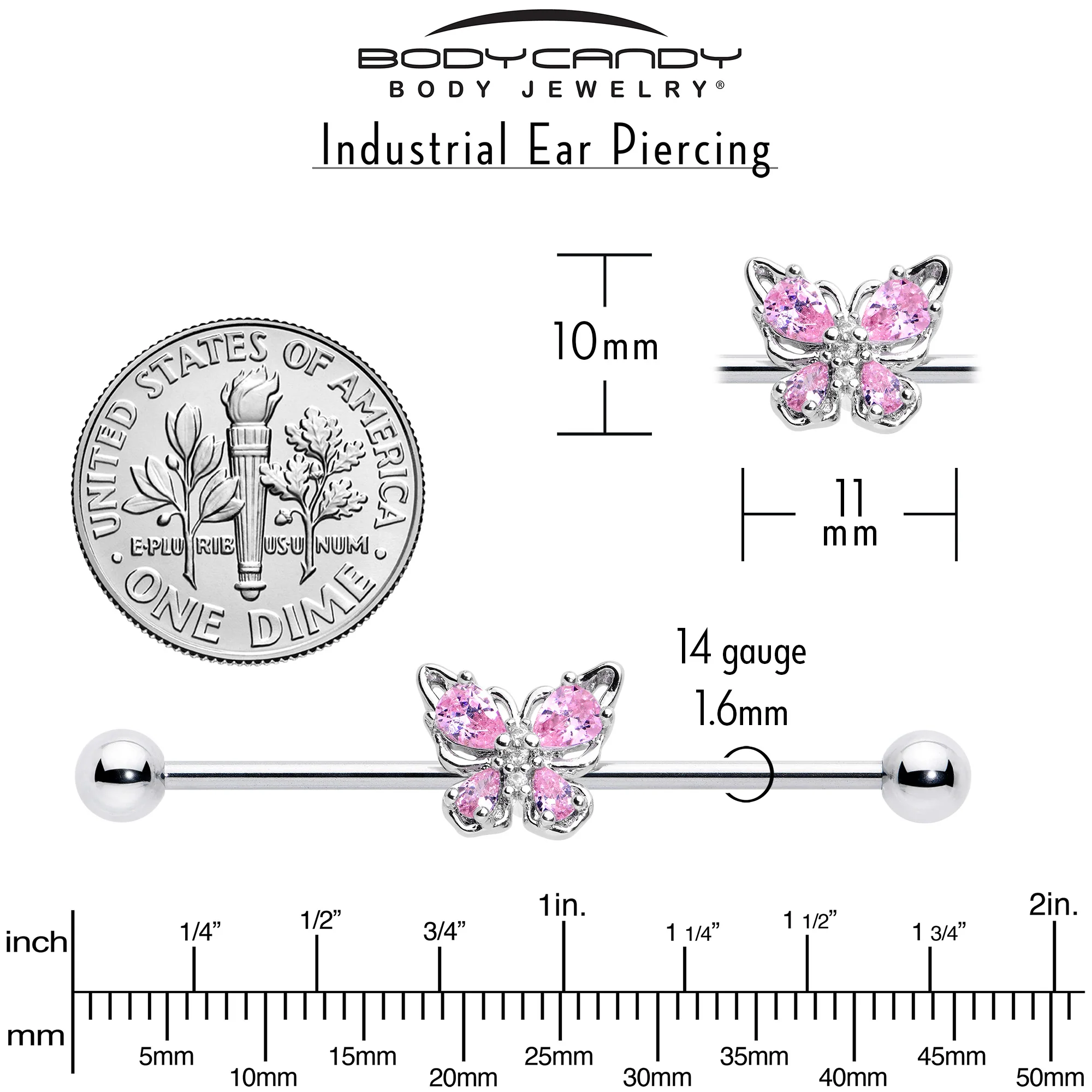 14G Pink Gem Baroque Beauty Butterfly Industrial Barbell 38mm - Image 7