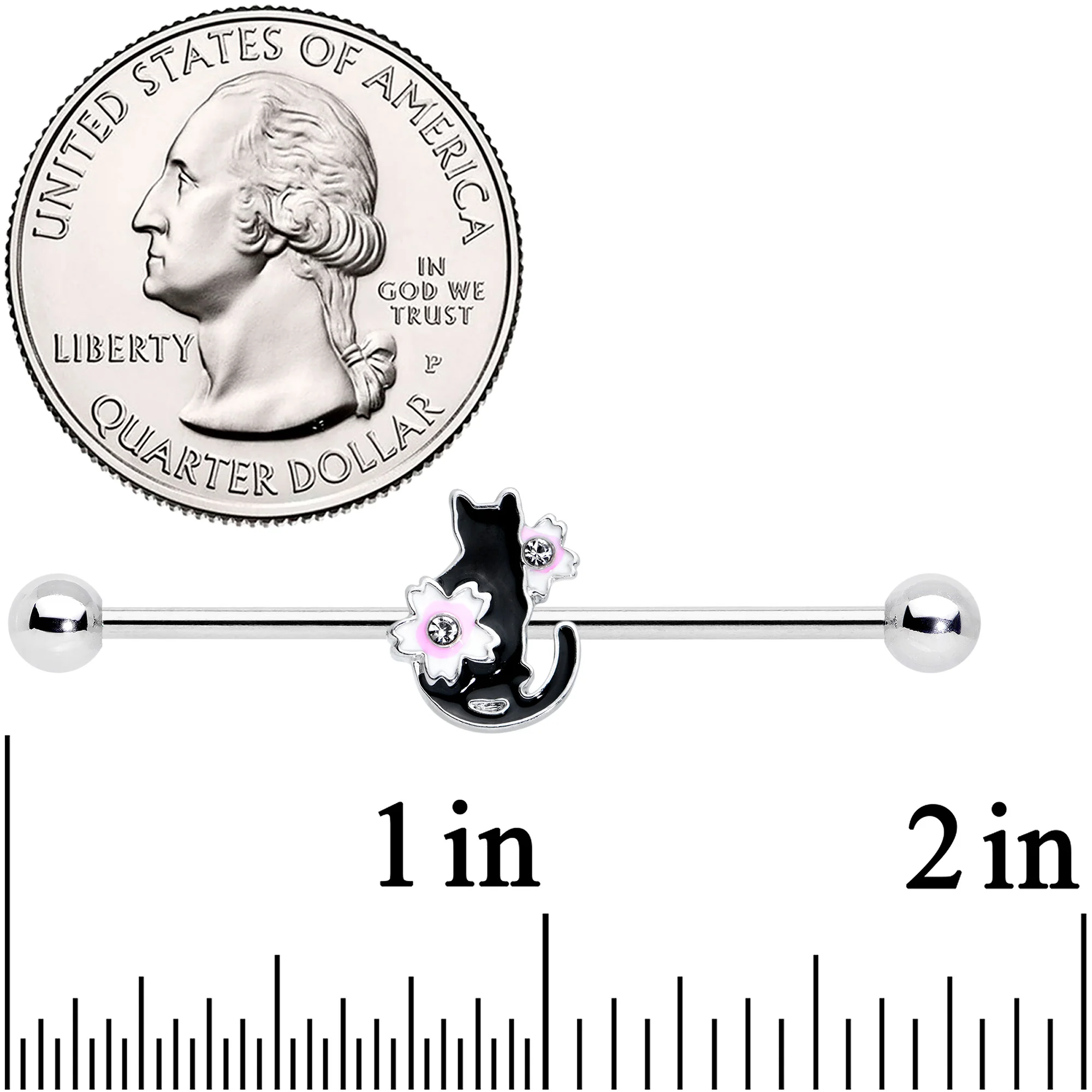 14G Pink Gem Black Cat White Flower Industrial Barbell 38mm - Image 2