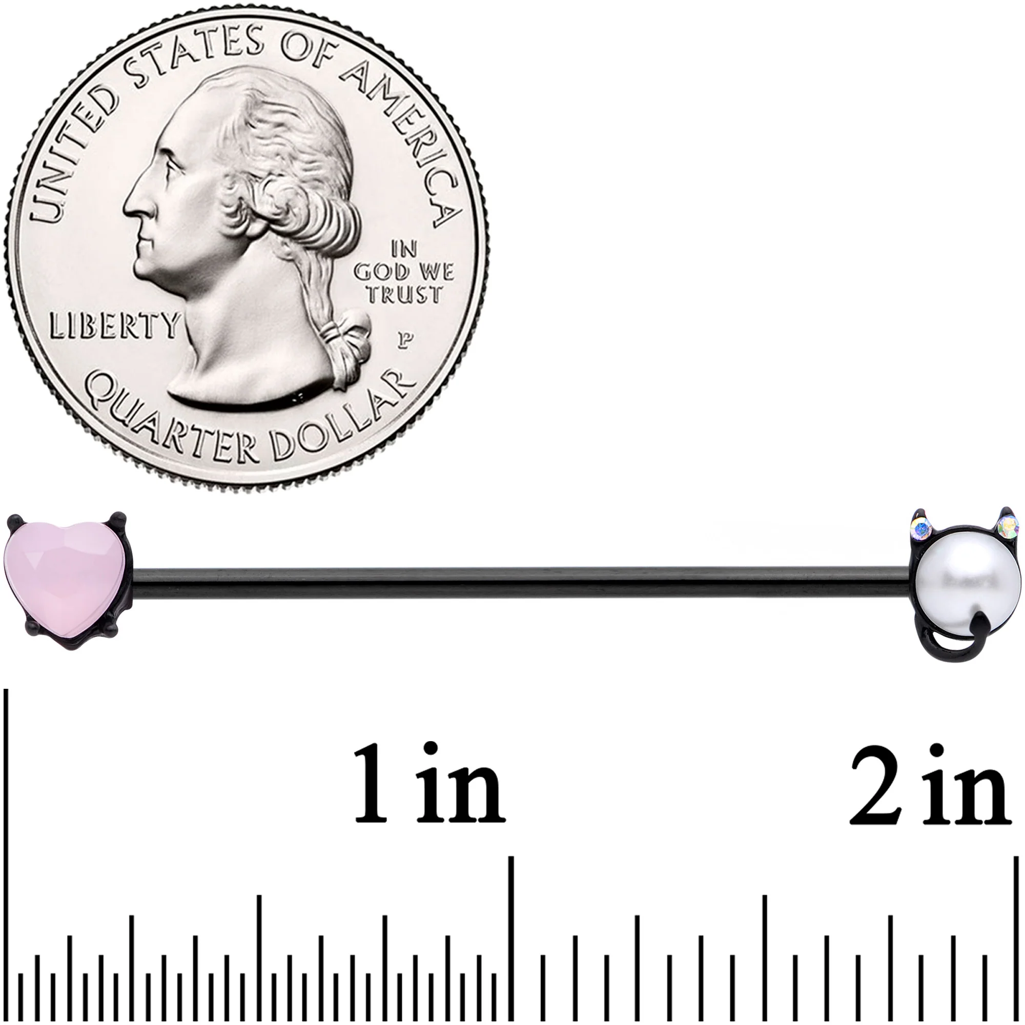 14G Pink Gem Black Devil Heart Love Industrial Barbell 38mm - Image 2