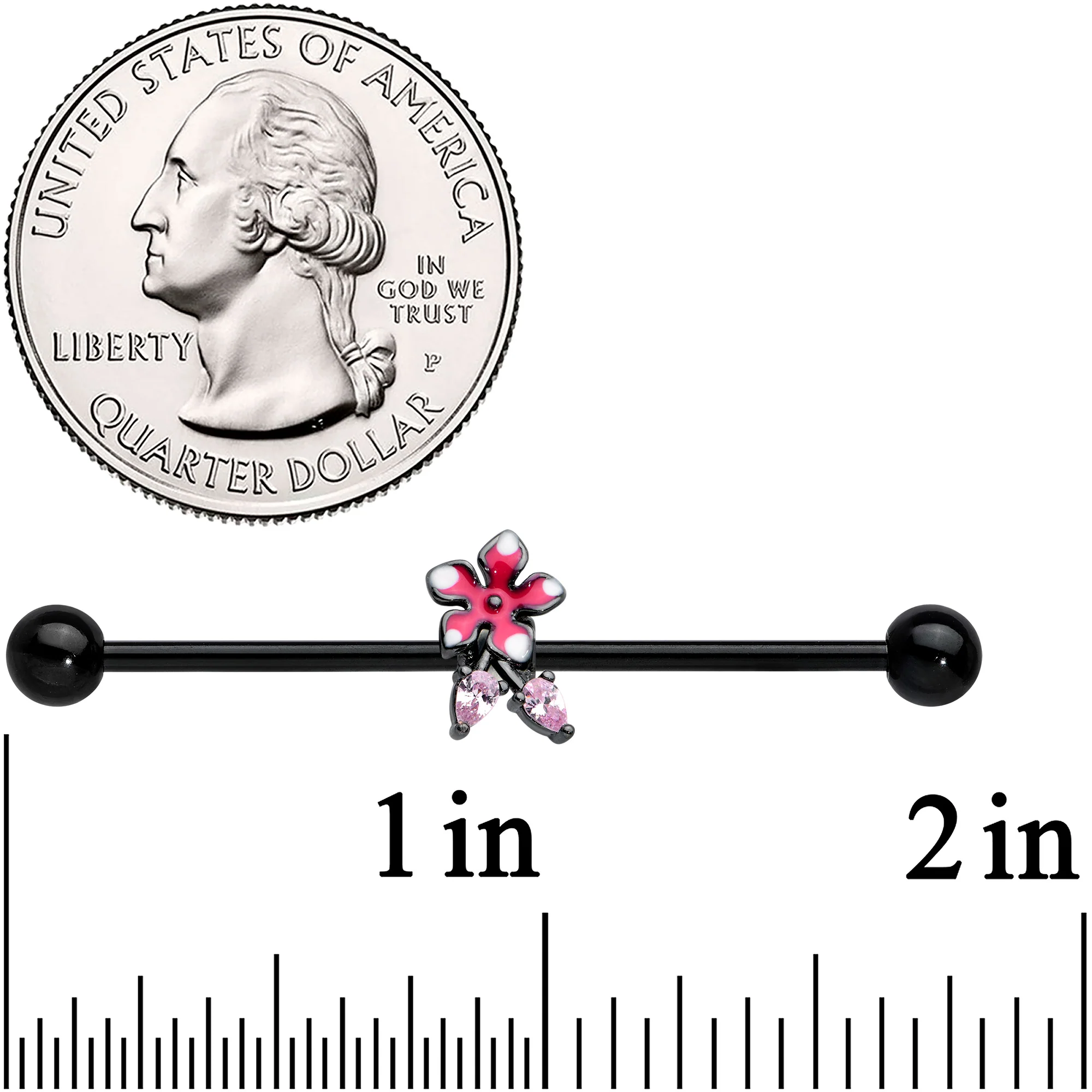 14G Pink Gem Black Fanciful Flower Industrial Barbell 38mm - Image 2