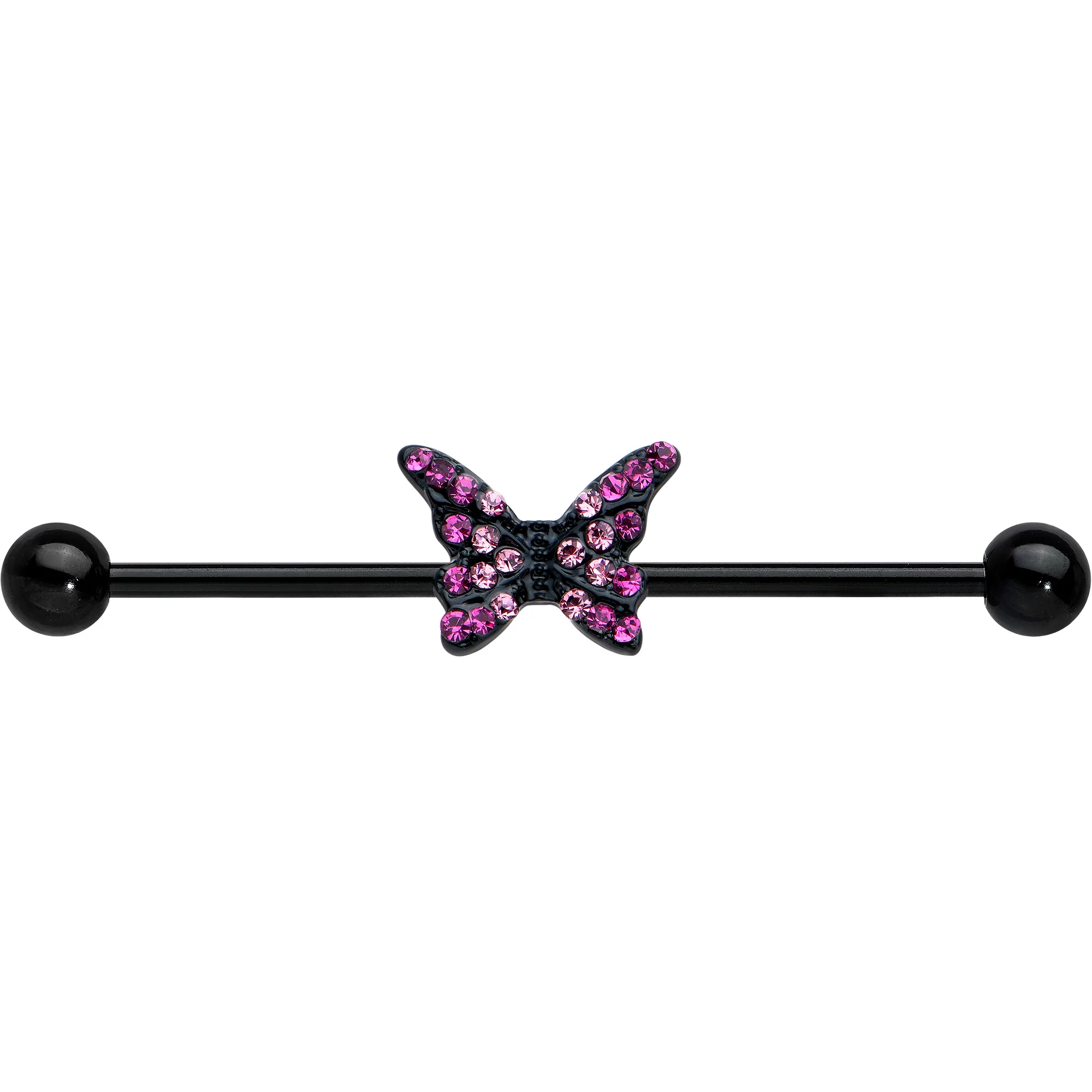 14G Pink Gem Black Midnight Butterfly Industrial Barbell 38mm - Image 2