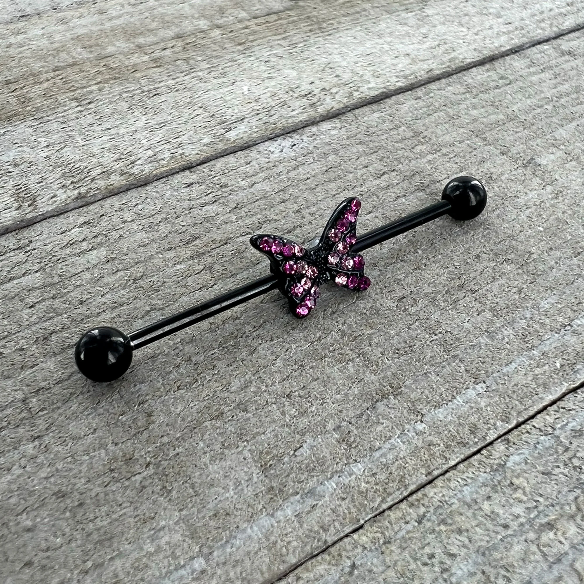 14G Pink Gem Black Midnight Butterfly Industrial Barbell 38mm - Image 6