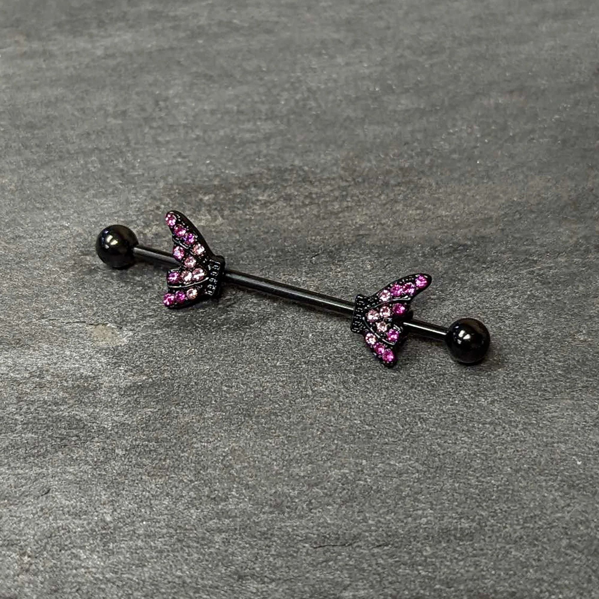14G Pink Gem Black Moveable Wing Butterfly Industrial Barbell 38mm - Image 4