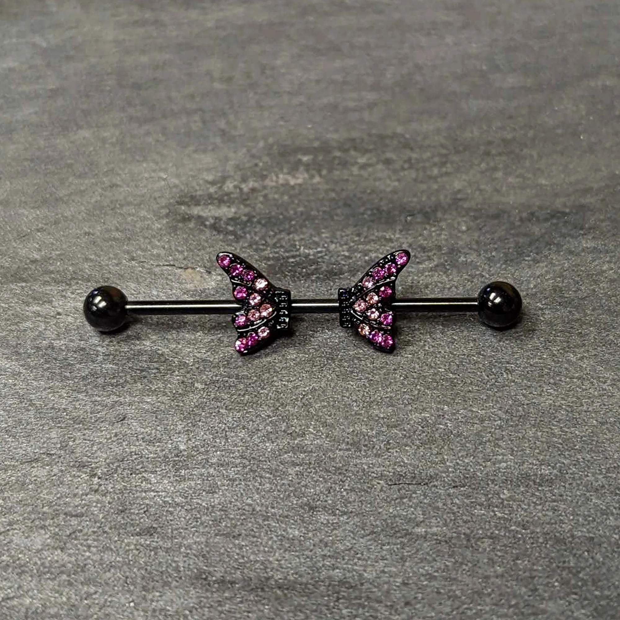 14G Pink Gem Black Moveable Wing Butterfly Industrial Barbell 38mm - Image 5