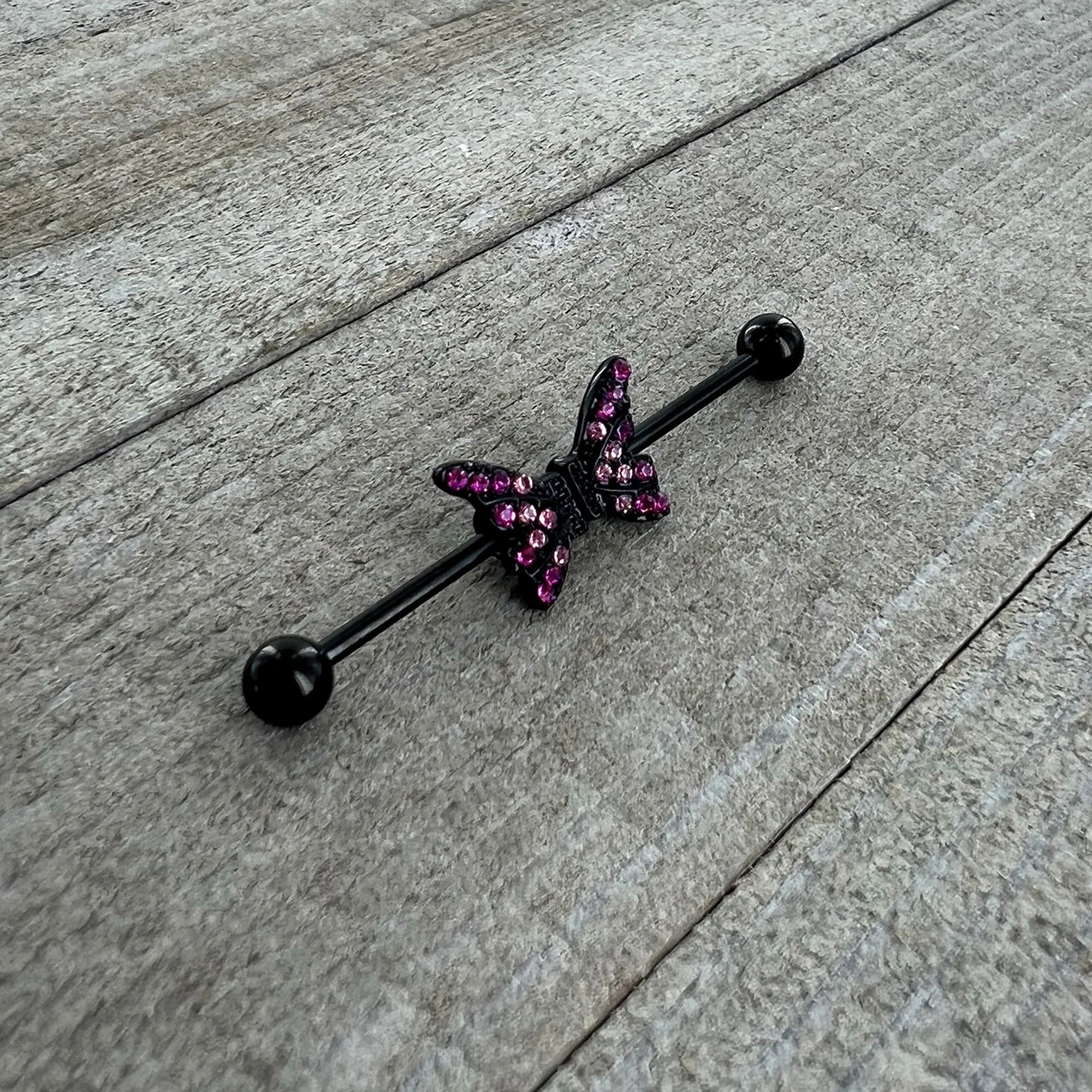 14G Pink Gem Black Moveable Wing Butterfly Industrial Barbell 38mm - Image 6