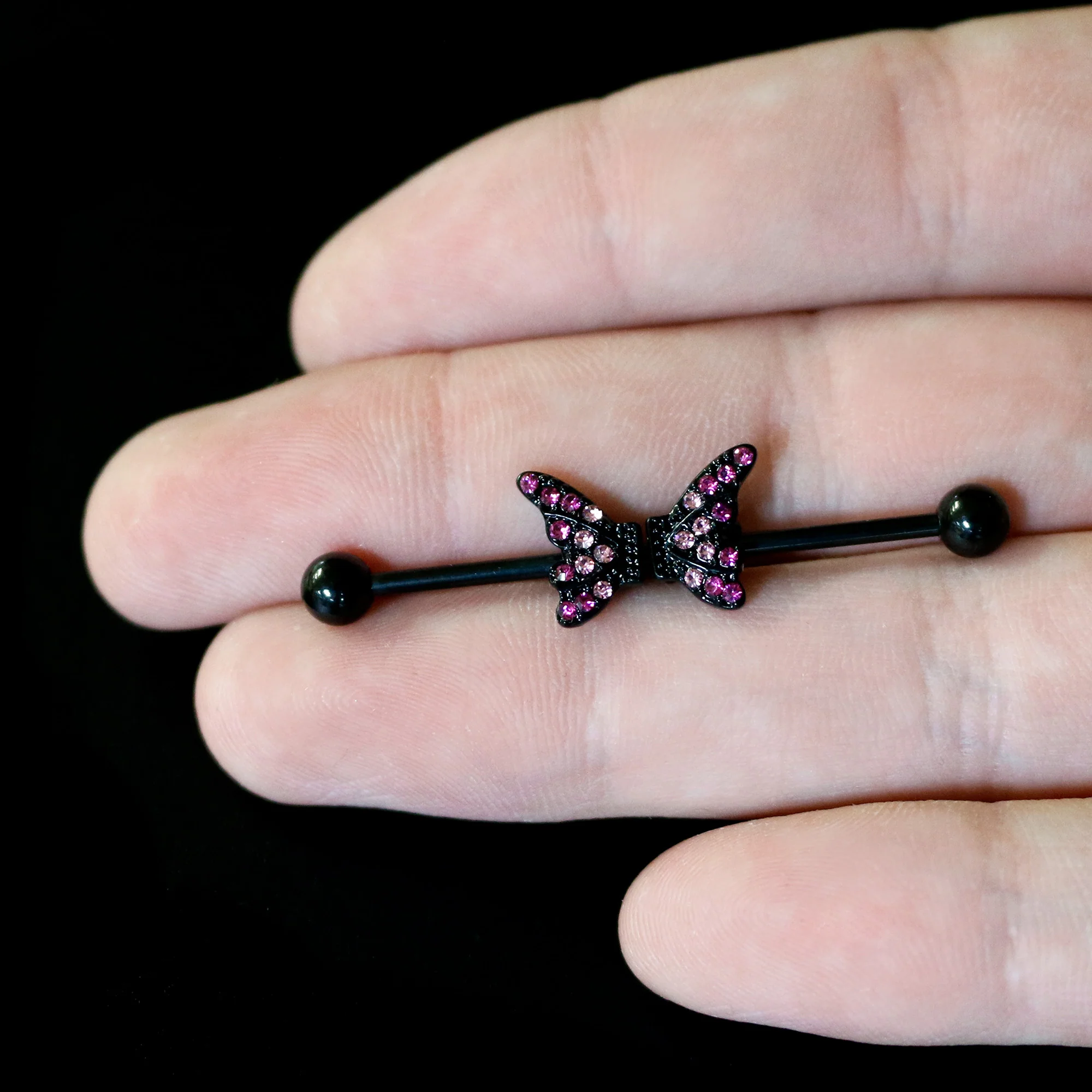 14G Pink Gem Black Moveable Wing Butterfly Industrial Barbell 38mm - Image 7