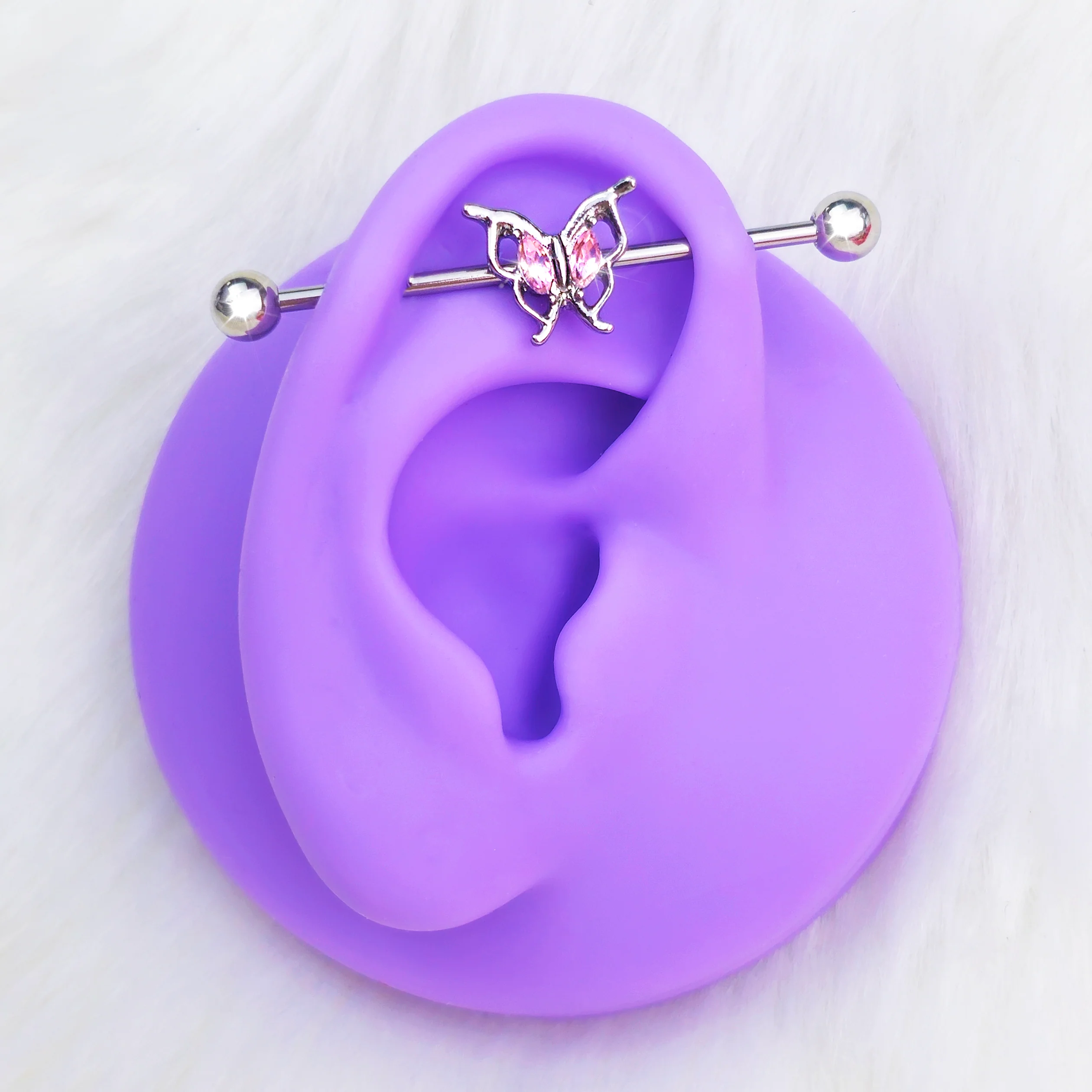 14G Pink Gem Fancy Fab Butterfly Industrial Barbell 38mm - Image 2