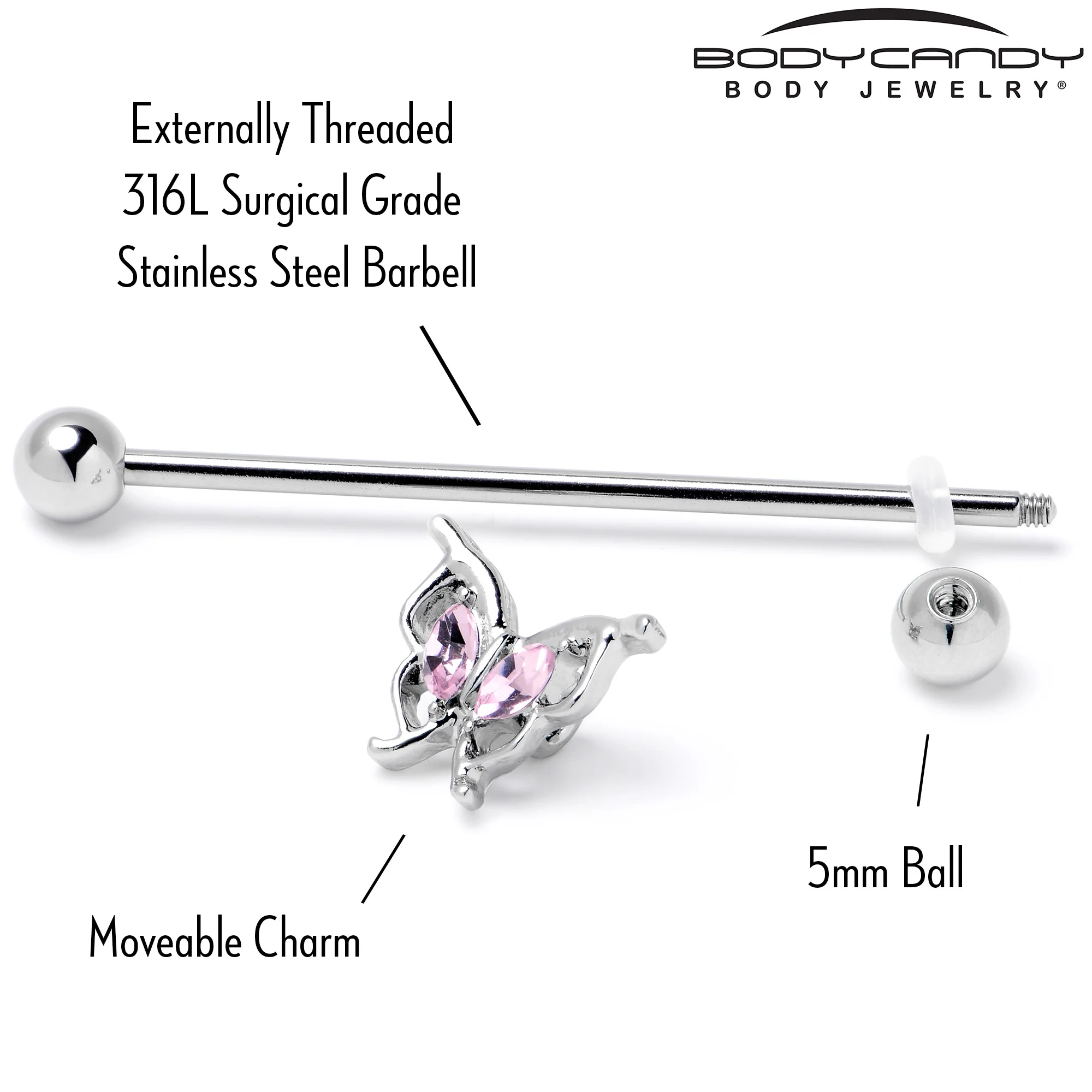 14G Pink Gem Fancy Fab Butterfly Industrial Barbell 38mm - Image 7