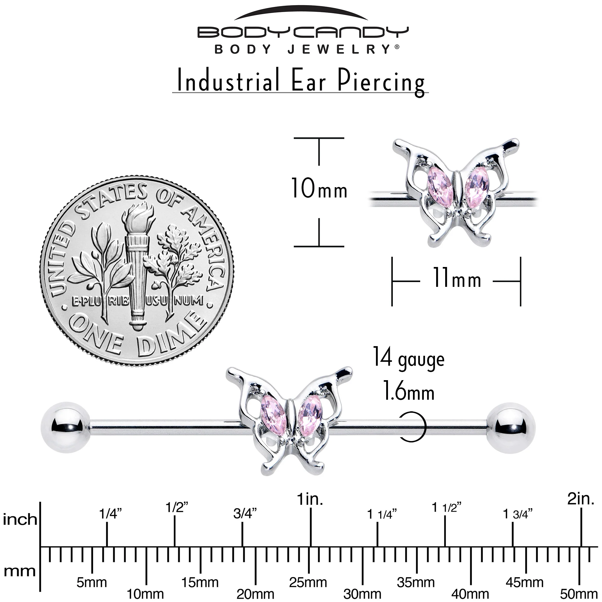 14G Pink Gem Fancy Fab Butterfly Industrial Barbell 38mm - Image 8